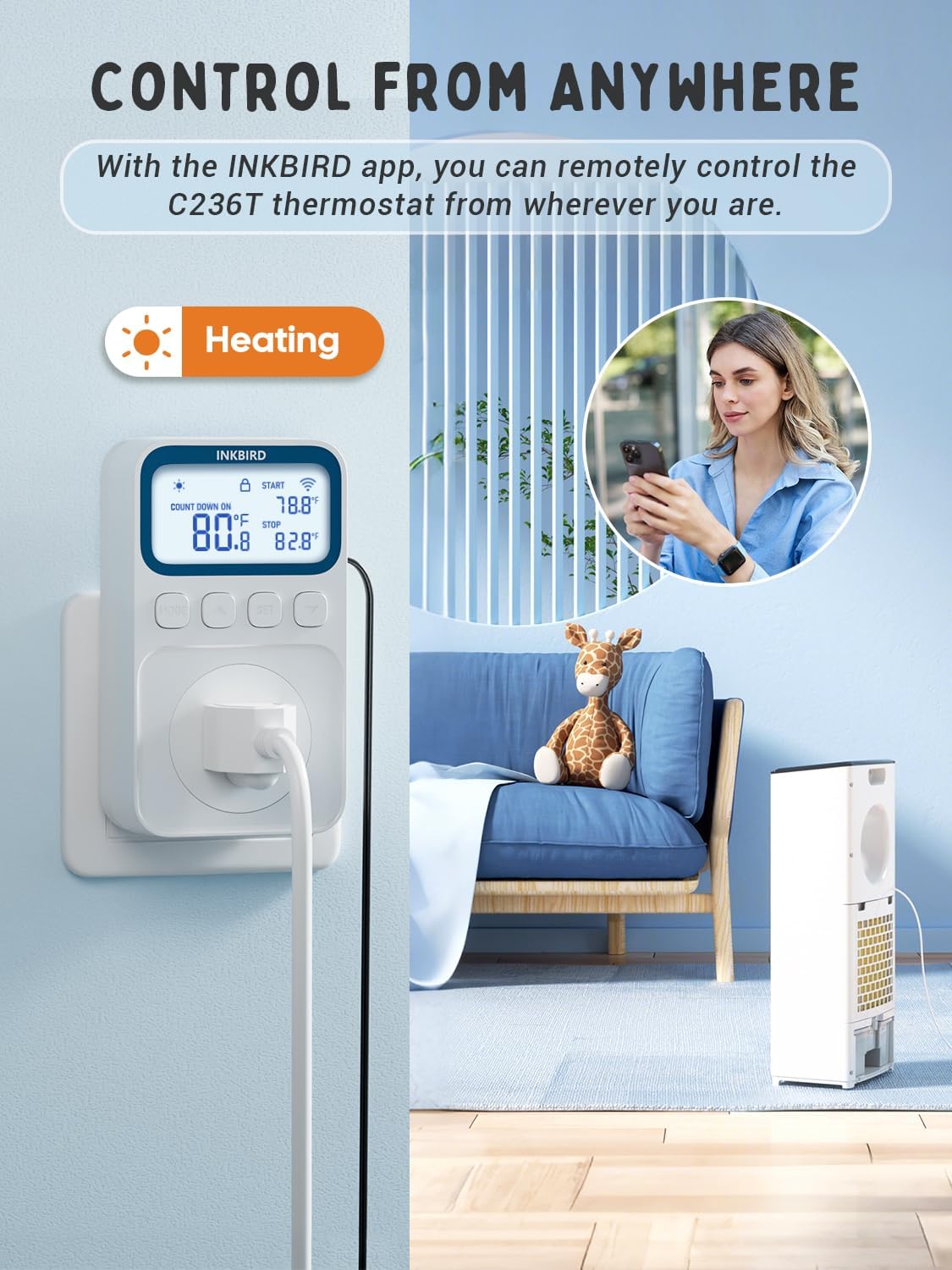 INKBIRD WiFi Smart Plug Thermostat 1800W 15A - Heating & Cooling Controller with Timer & Countdown Mode for Home, Greenhouse, Reptile Tank & Aquarium