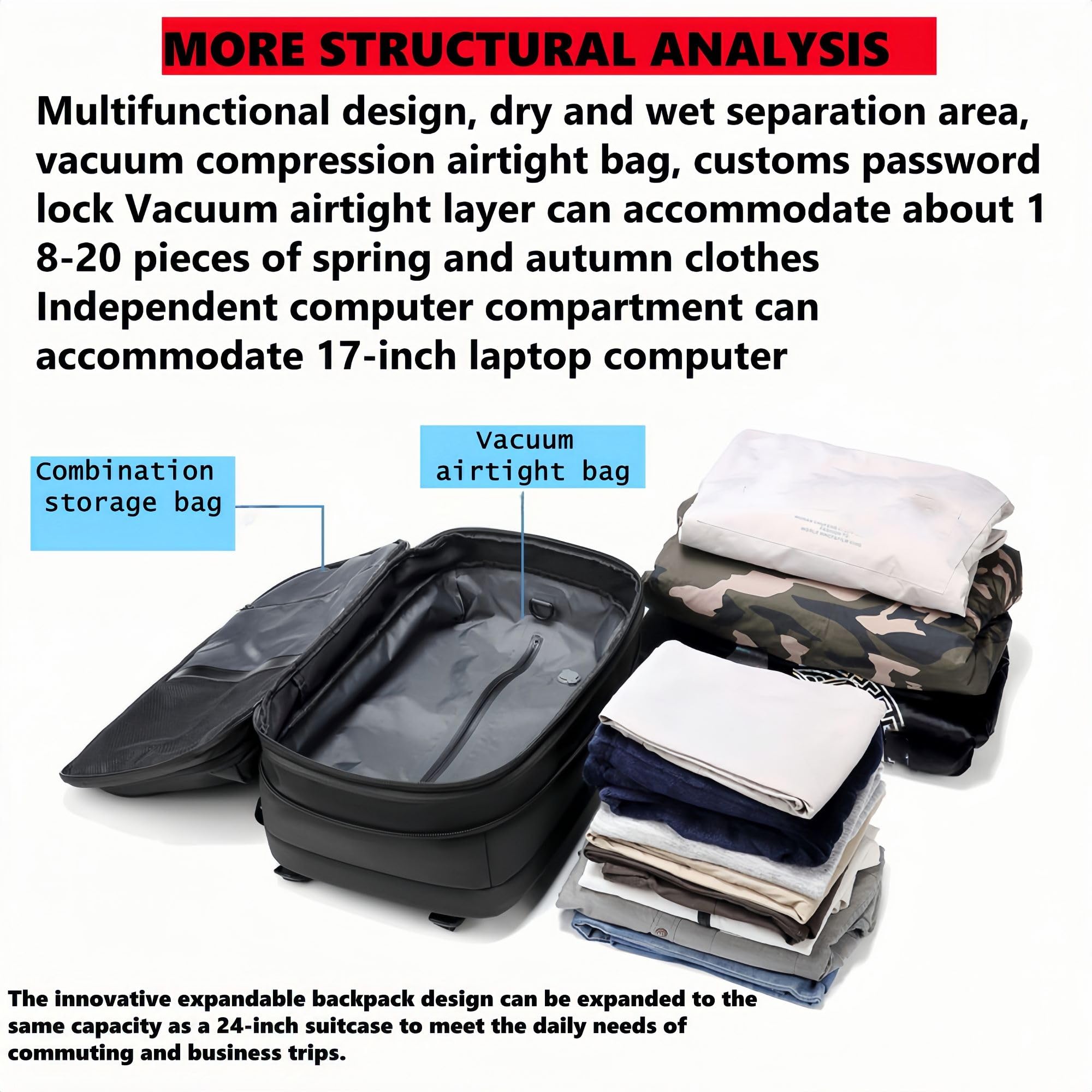 **Alepeak 60L Expandable Vacuum Compression Backpack - Large Capacity Anti-Theft Travel Backpack for Hiking, Camping & Air Travel (Black)**