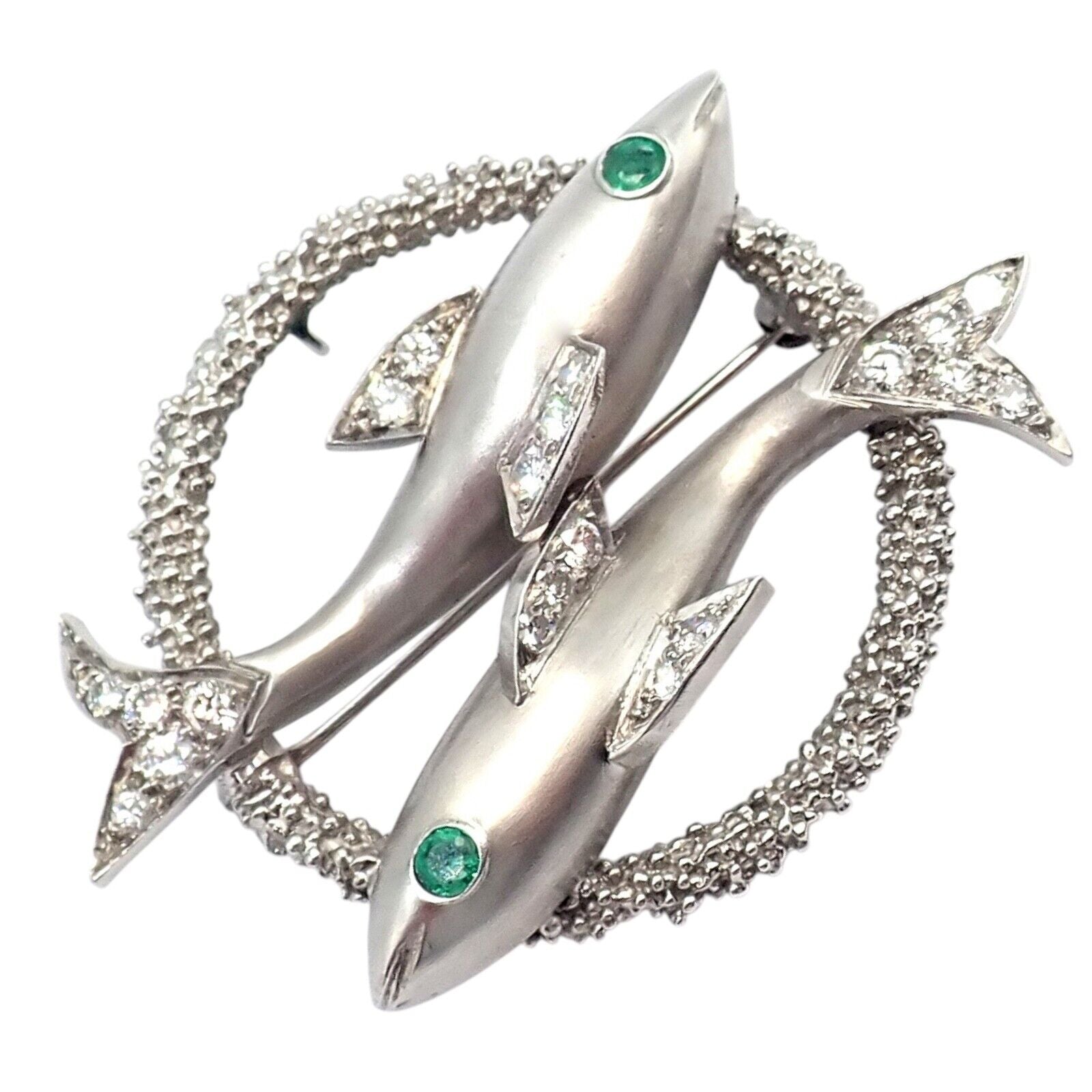 Cartier 18k White Gold & Platinum Diamond Emerald Zodiac Pisces Fish Brooch Pin - Luxury Jewelry Gift for Women, Perfect for Special Occasions & Collectors