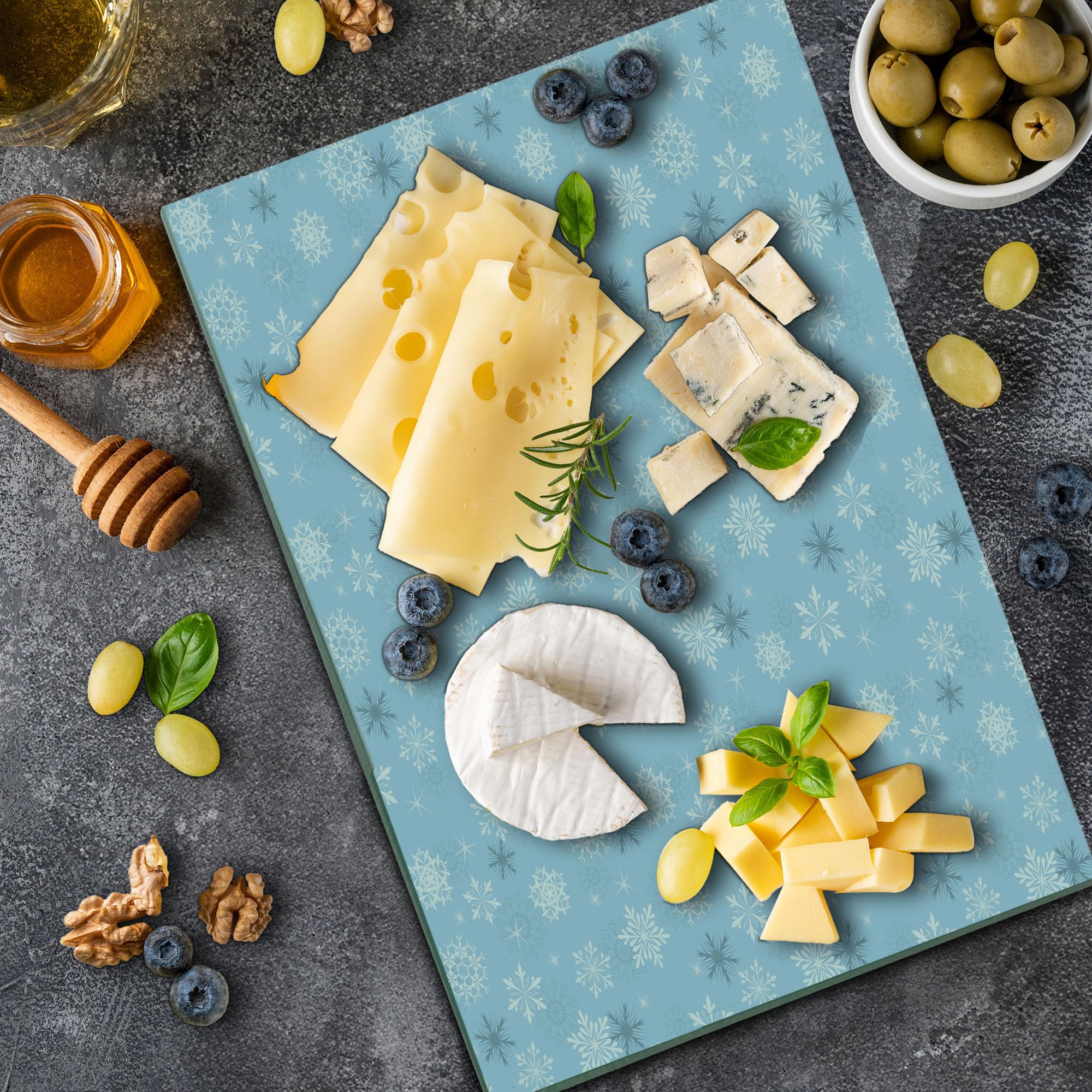 Ambesonne Winter Themed Tempered Glass Cutting Board - Large Decorative Serving Tray with Holiday Stars Design in Pale Blue, White & Grey | Perfect for Christmas Dinner, New Year's Eve Party & Winter Entertaining