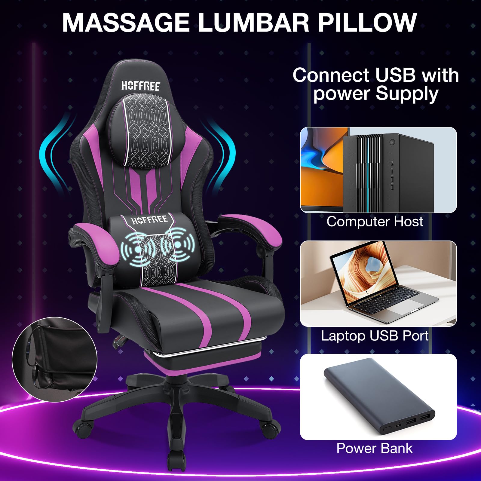HOFFREE Big and Tall Gaming Chair with Bluetooth Speakers, Massage, Footrest - 400lbs Capacity Reclining High Back Office Computer Desk Chair (Purple & Black) - Perfect for Gaming, Work, and Home Office Use