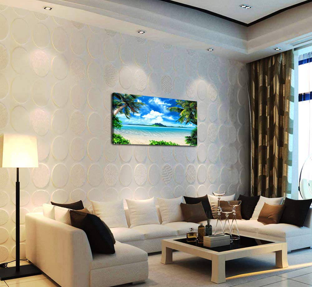 DZL Art S72762 Ocean Waves & Coconut Trees Canvas Wall Art - Beach Seascape Painting for Bedroom, Living Room & Office Decor | Nature Landscape Picture for Coastal & Tropical Home Decor