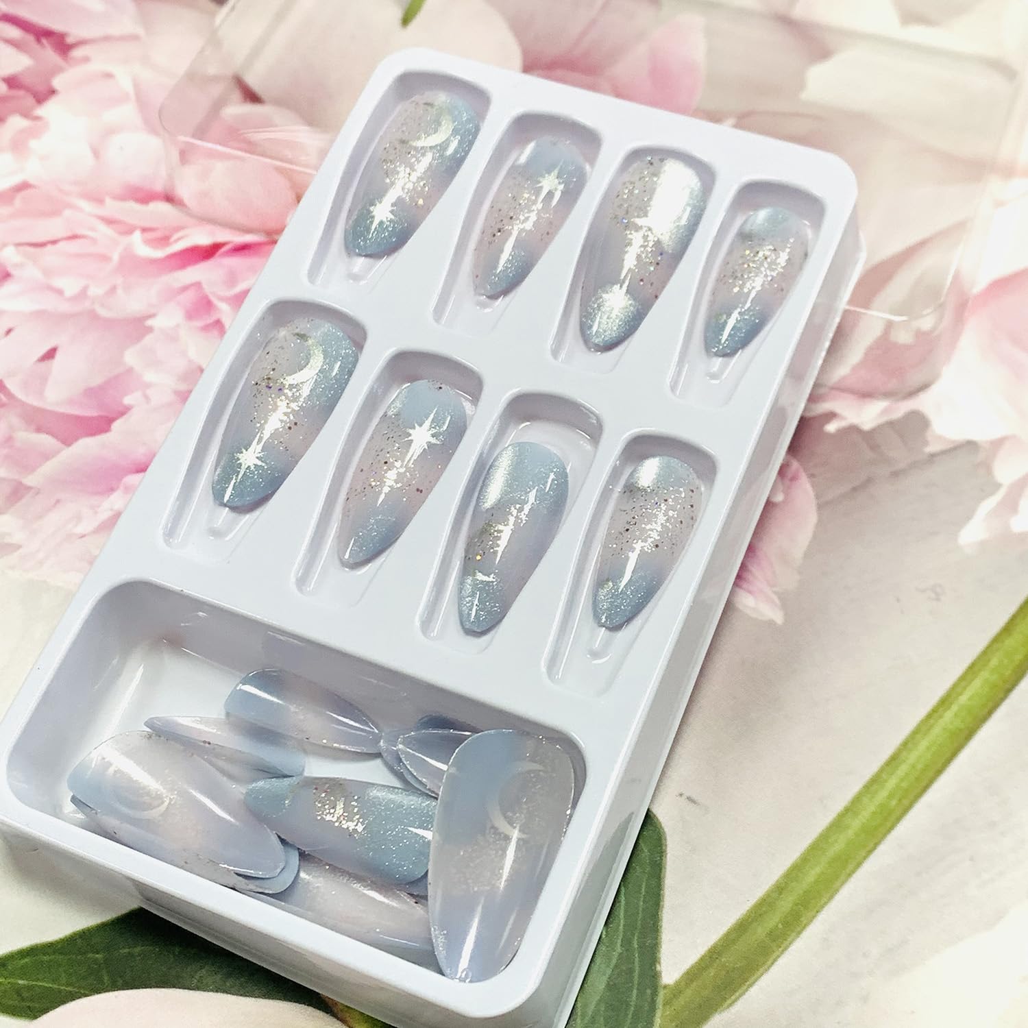 24Pcs Glossy Almond Press-On Nails - Full Cover Acrylic Fake Nails with Elegant Designs, Medium Length Reusable False Nails for Women & Girls (W1578) - Perfect for Parties, Weddings, Date Nights & Everyday Glam