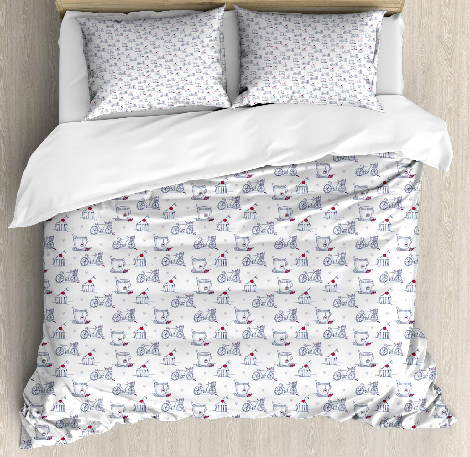 Ambesonne Sketch Duvet Cover Set - Queen Size 3 Piece Bedding with 2 Pillow Shams | Cupcake, Bicycle & Teatime Design in Dark Coral, Pale Cadet Blue & Dark Violet | Soft & Breathable for Cozy Bedroom Decor | Perfect for Teens, Adults & Guest Rooms