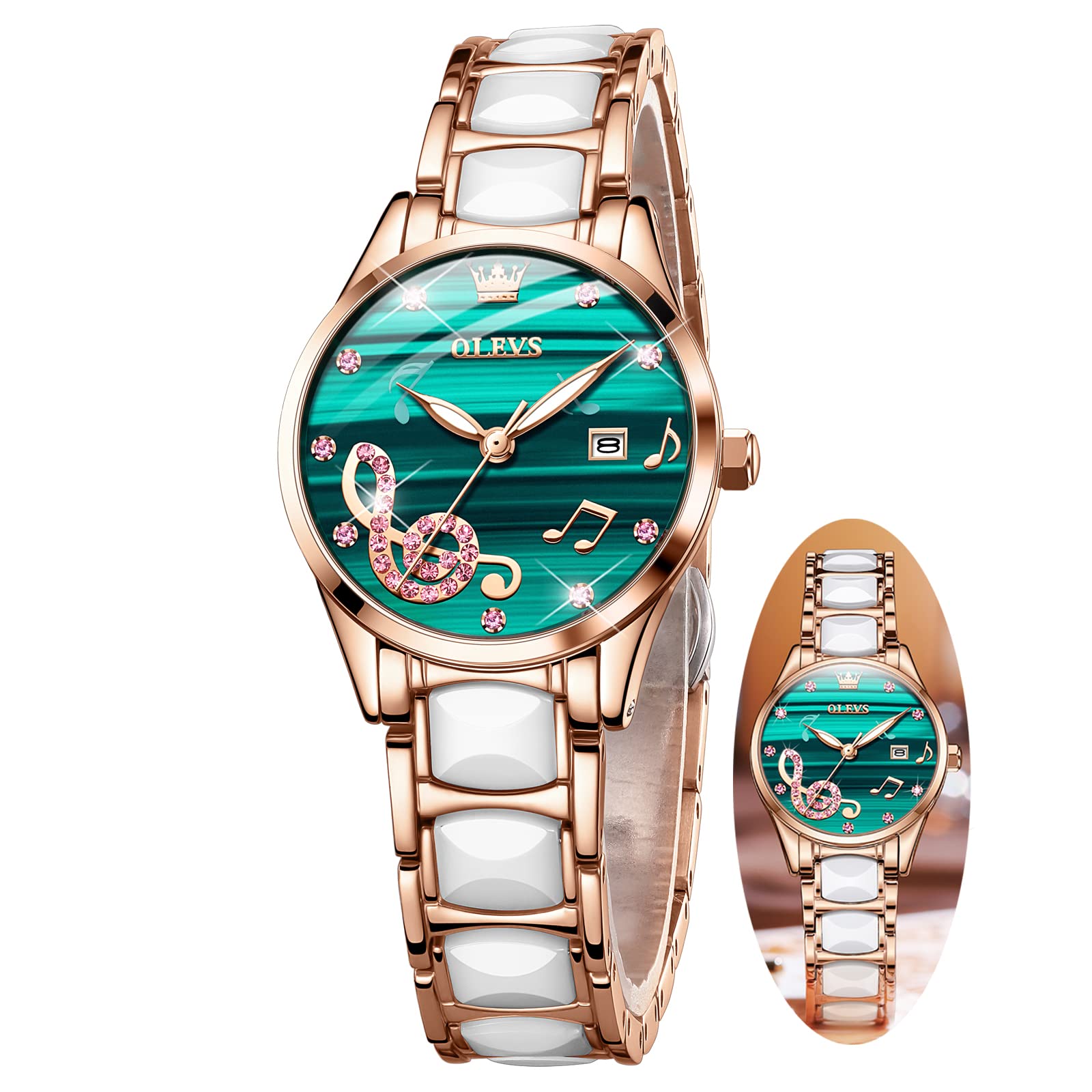 OLEVS Women's Luxury Diamond Watch with Two-Tone Stainless Steel & Ceramic Bracelet, Rose Gold Fashion Watch for Ladies with Date Display - Blue/Red/Pink/White Dial Options - Perfect for Office, Party & Everyday Wear