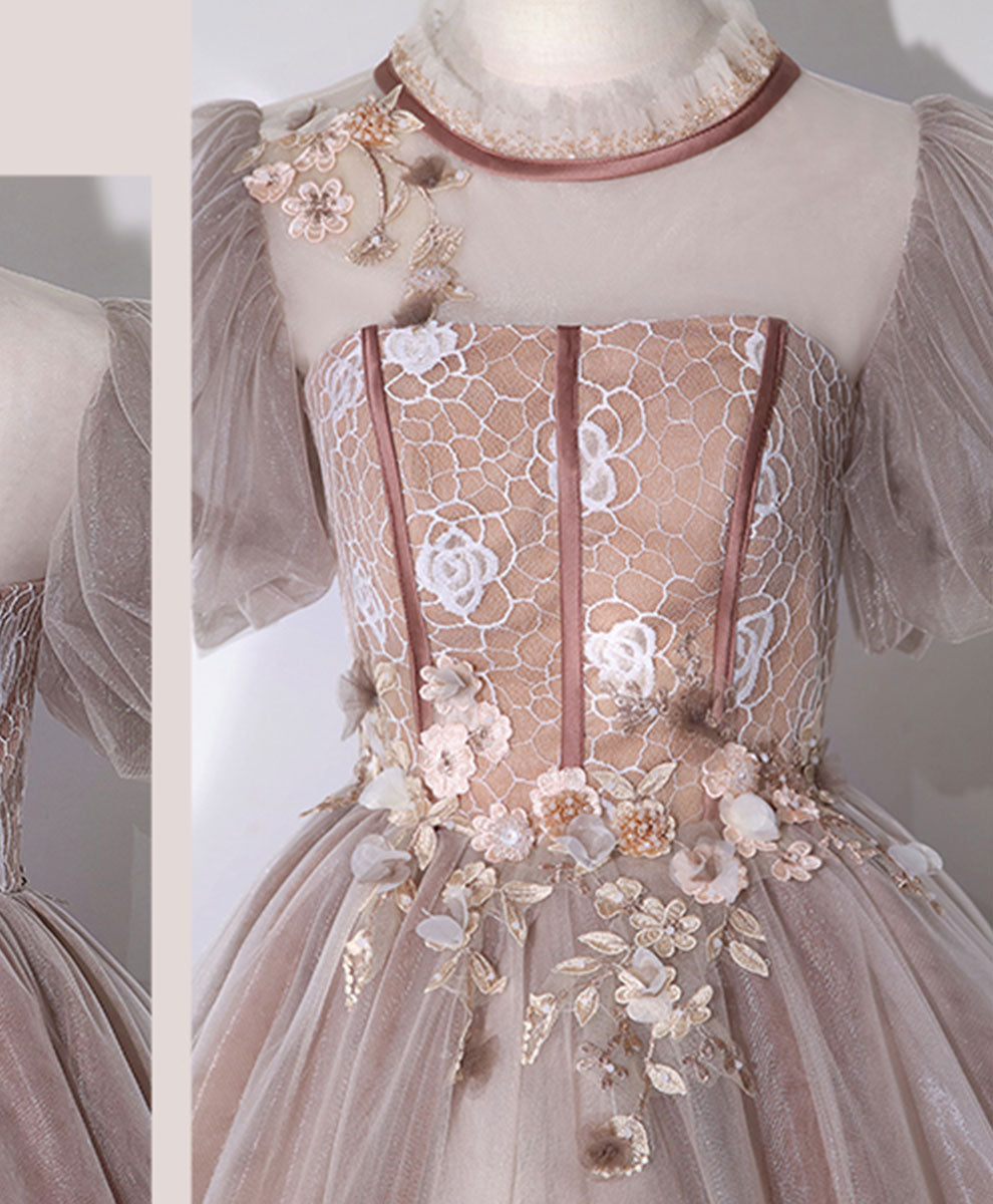 Elegant Pink Tulle Long Prom Dress with Applique Beading - Sweet 16 Formal Gown for Homecoming, Quinceañera & Special Occasions