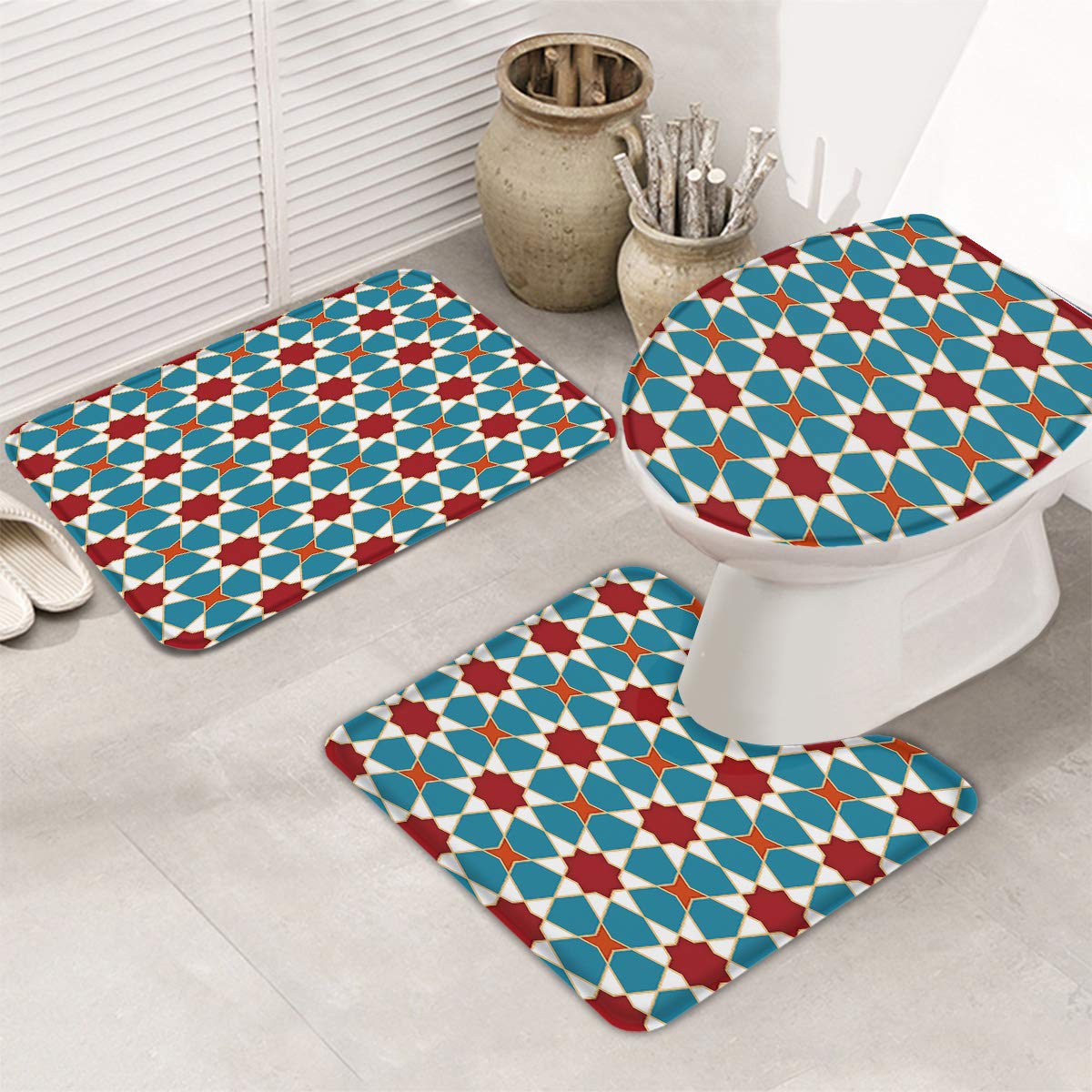DoremiHome 3-Piece Traditional Bathroom Rug Set - Non-Slip Bath Mat, Contour Mat & Toilet Lid Cover - Anti-Skid Bathroom Floor Mats with Retro Geometric Arab Design for Safety and Style - Perfect for Bathroom, Vanity & Toilet Area Decor