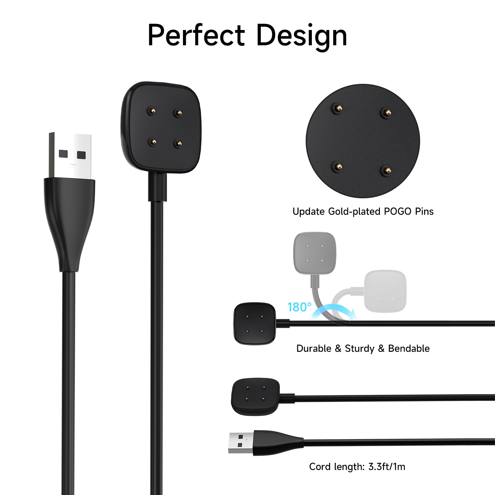 Fitbit Sense & Sense 2 Versa 4 Versa 3 Charger - USB Magnetic Charging Dock Cable for Smartwatch - Durable 3.3ft Portable Replacement Charger (1 Pack) - Perfect for Home, Office & Travel Use