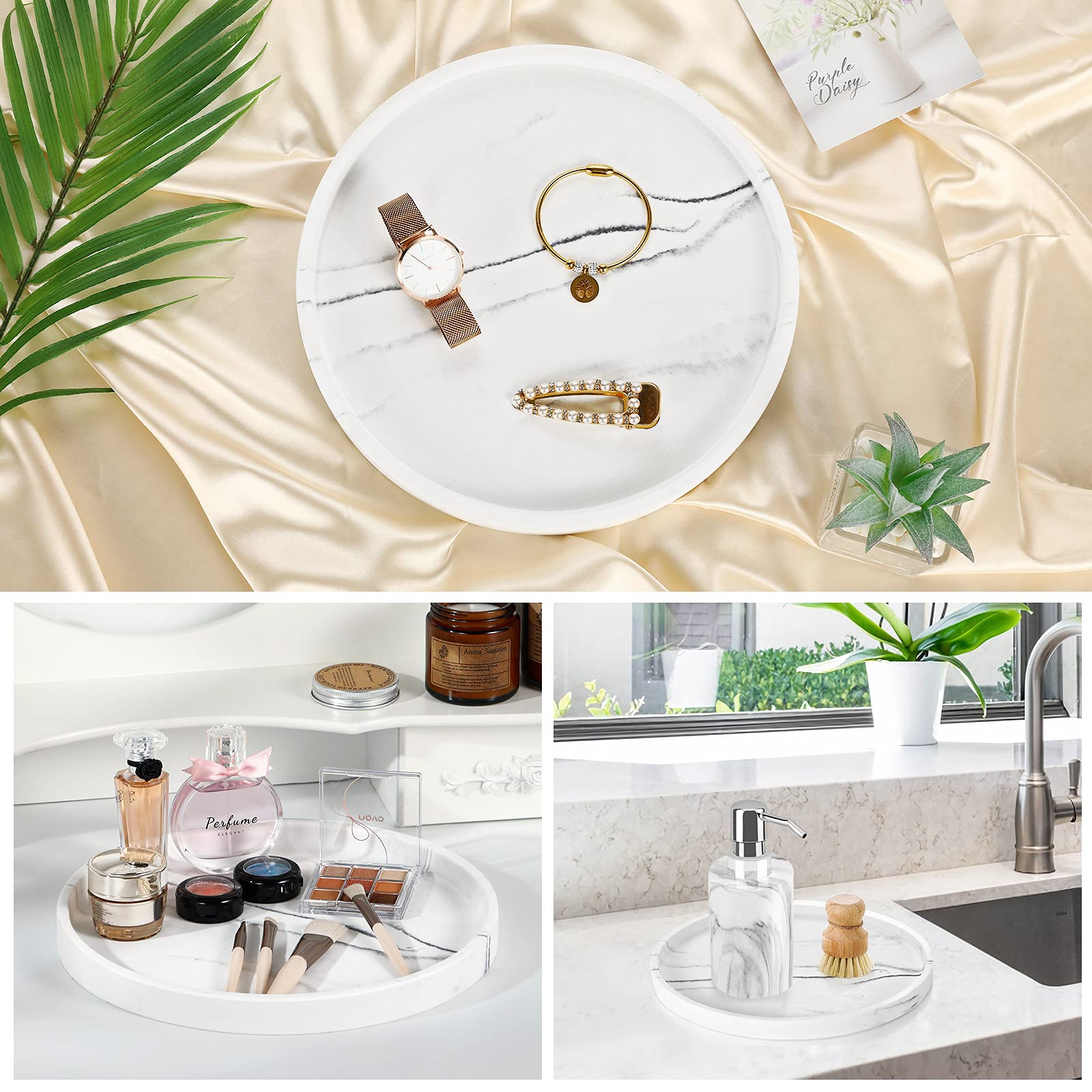 Luxspire 10.63 Inch Round Vanity Tray - White Resin Bathroom & Kitchen Countertop Organizer for Jewelry, Perfume, Candles - Decorative Dresser & Coffee Table Tray with Gravel Texture - Perfect for Home Decor, Gift Giving & Spa Day Organization