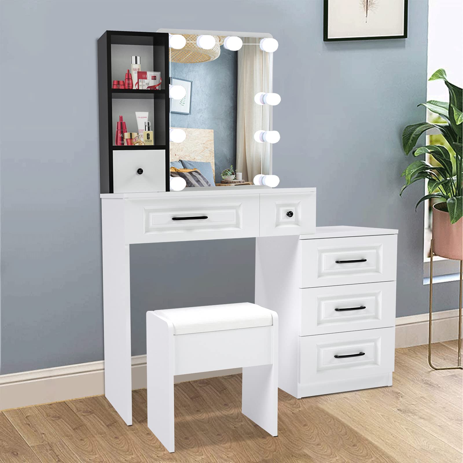 Jansaimei LED Makeup Vanity Table with 10 Dimmable Bulbs & Fixed Mirror - Adjustable Brightness Dressing Desk in Warm White for Bedroom, Salon & Bridal Makeup