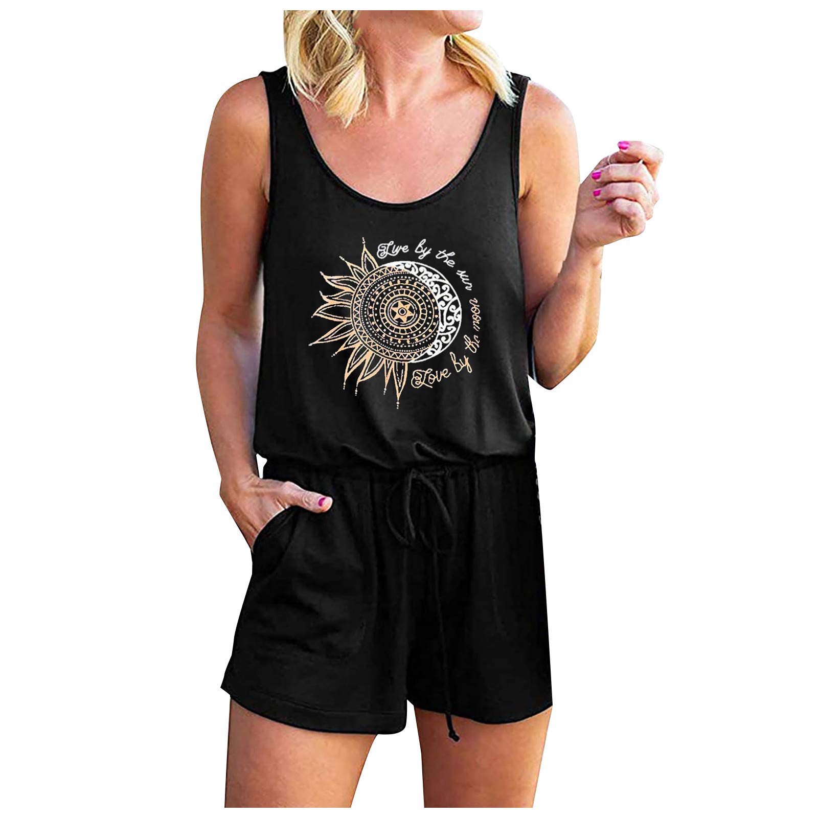 Women's Fashion Sleeveless Print Jumpsuit with Belt & Moon Pocket - Casual Round Neck Sun Dress for Summer Outings, Beach Vacations & Daily Wear
