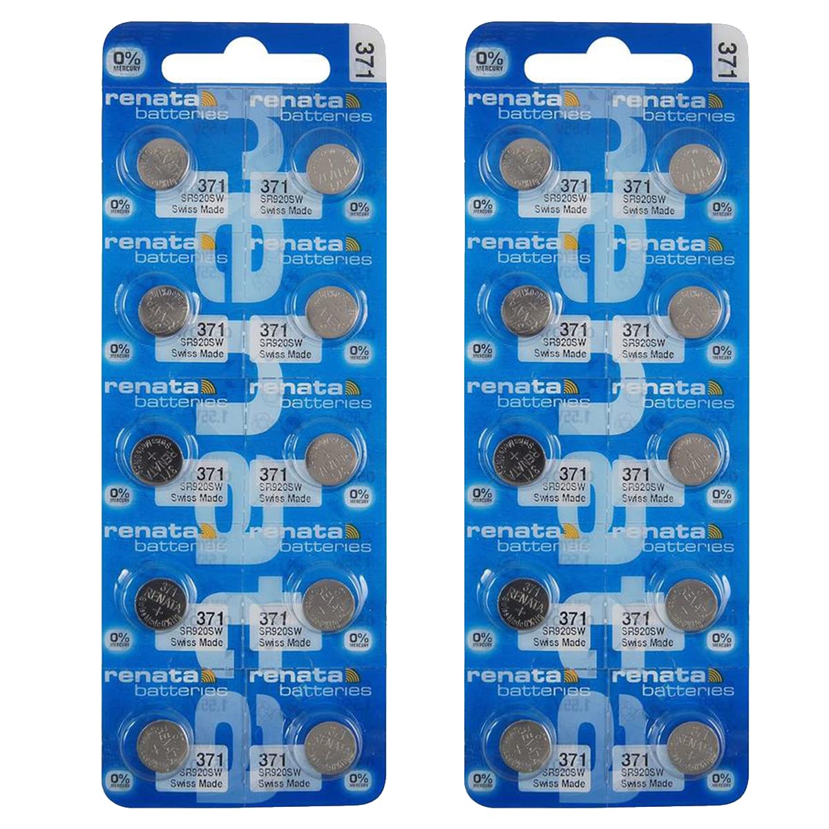 Renata 371 SR920SW Silver Oxide Watch Batteries - 1.55V Long-Lasting Power (20-Pack) for Watches, Calculators & Small Electronics
