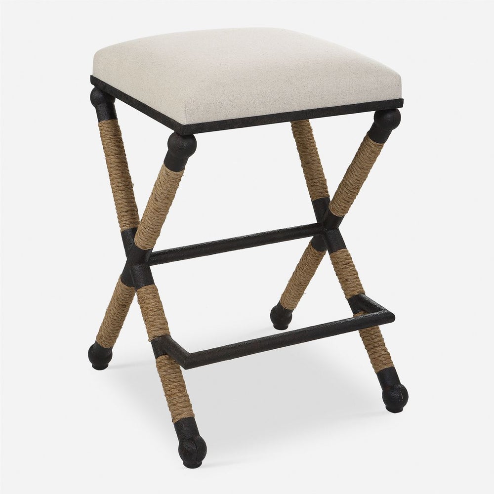 Nautical Counter Stool with Iron Frame & Rope Accents - Comfortable Oatmeal Cotton Cushion for Kitchen Island, Bar, or Coastal Home Decor