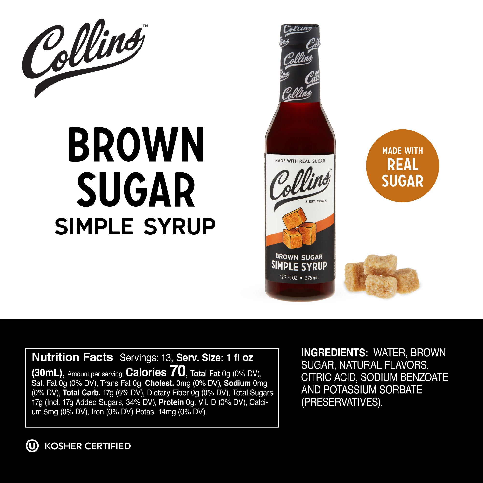 Organic Brown Sugar Simple Syrup 12.7 oz (375ml) - Sweetener for Coffee, Tea, Cocktails & Baking - Vegan, Gluten-Free, Non-GMO