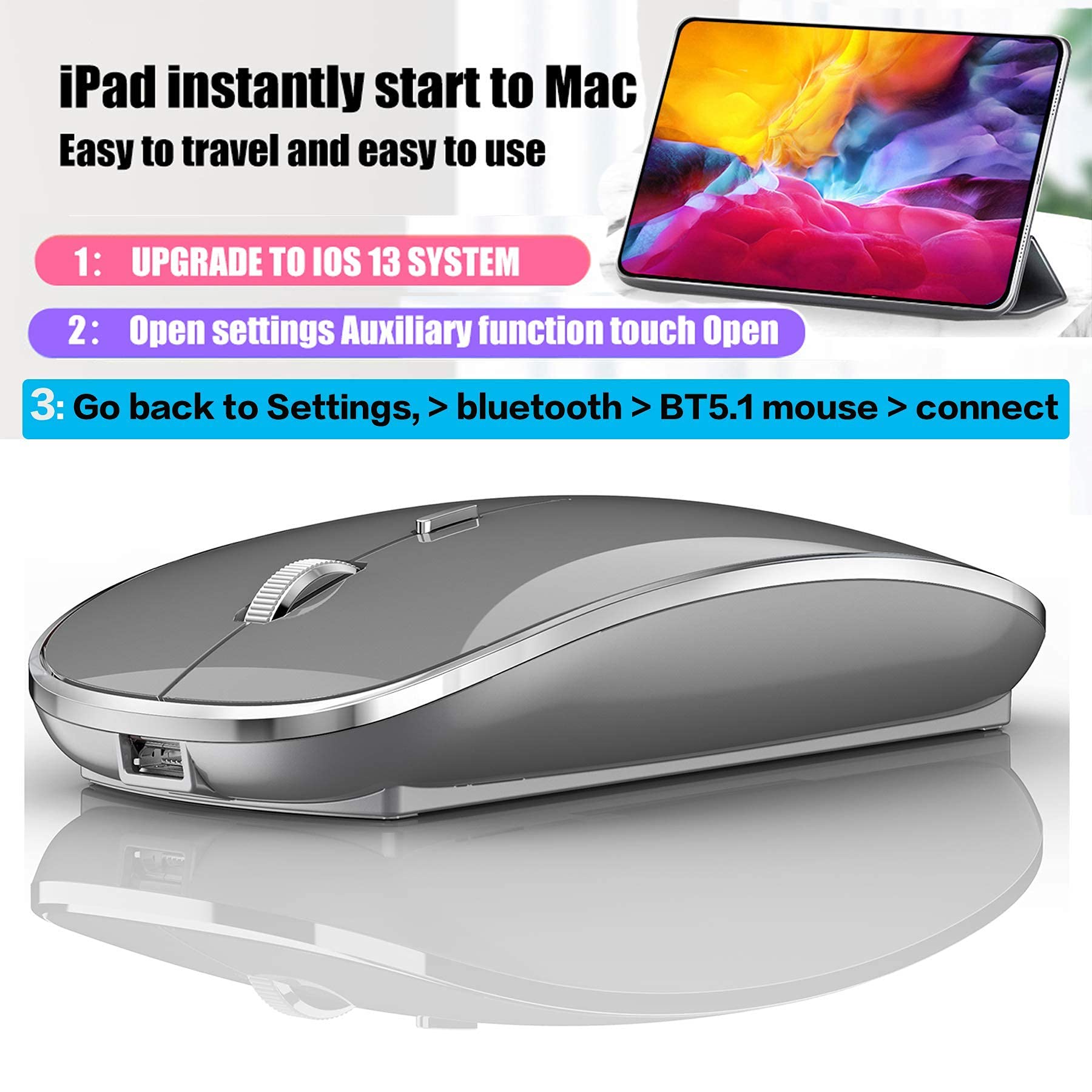 Wireless Bluetooth Mouse for iPad Pro, iPad Air, MacBook Pro, MacBook Air, MacBook, Chromebook, Windows 10/11 - Compatible with HP, Dell & PC Laptops - Perfect for Work, Travel & Home Office Use