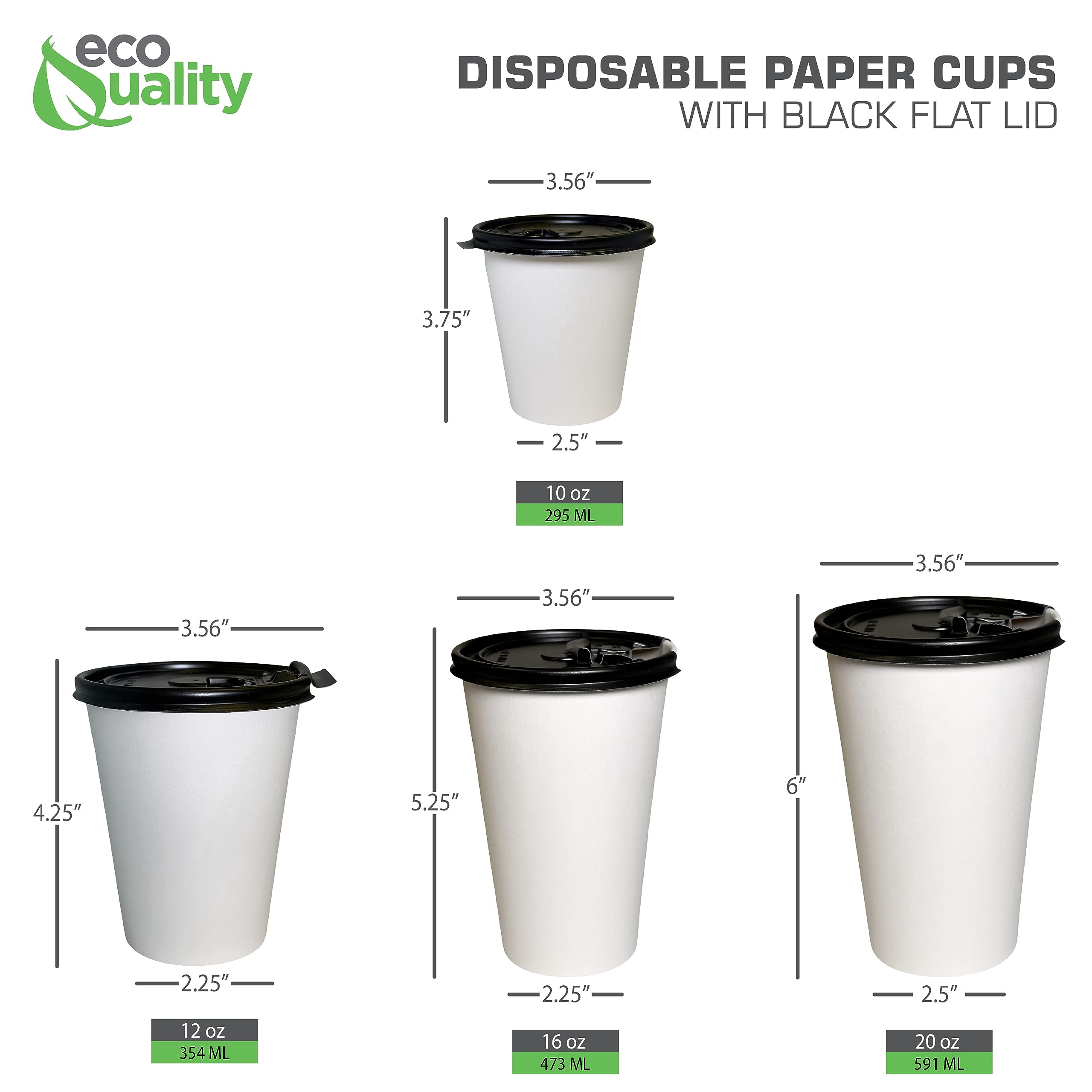 16 oz Disposable White Paper Coffee Cups with Black Flat Lids - 1000 Pack Recyclable Hot & Cold Drink Cups for Tea, Coffee, Water - Perfect for Office Breakrooms, Travel, Picnics & Outdoor Events