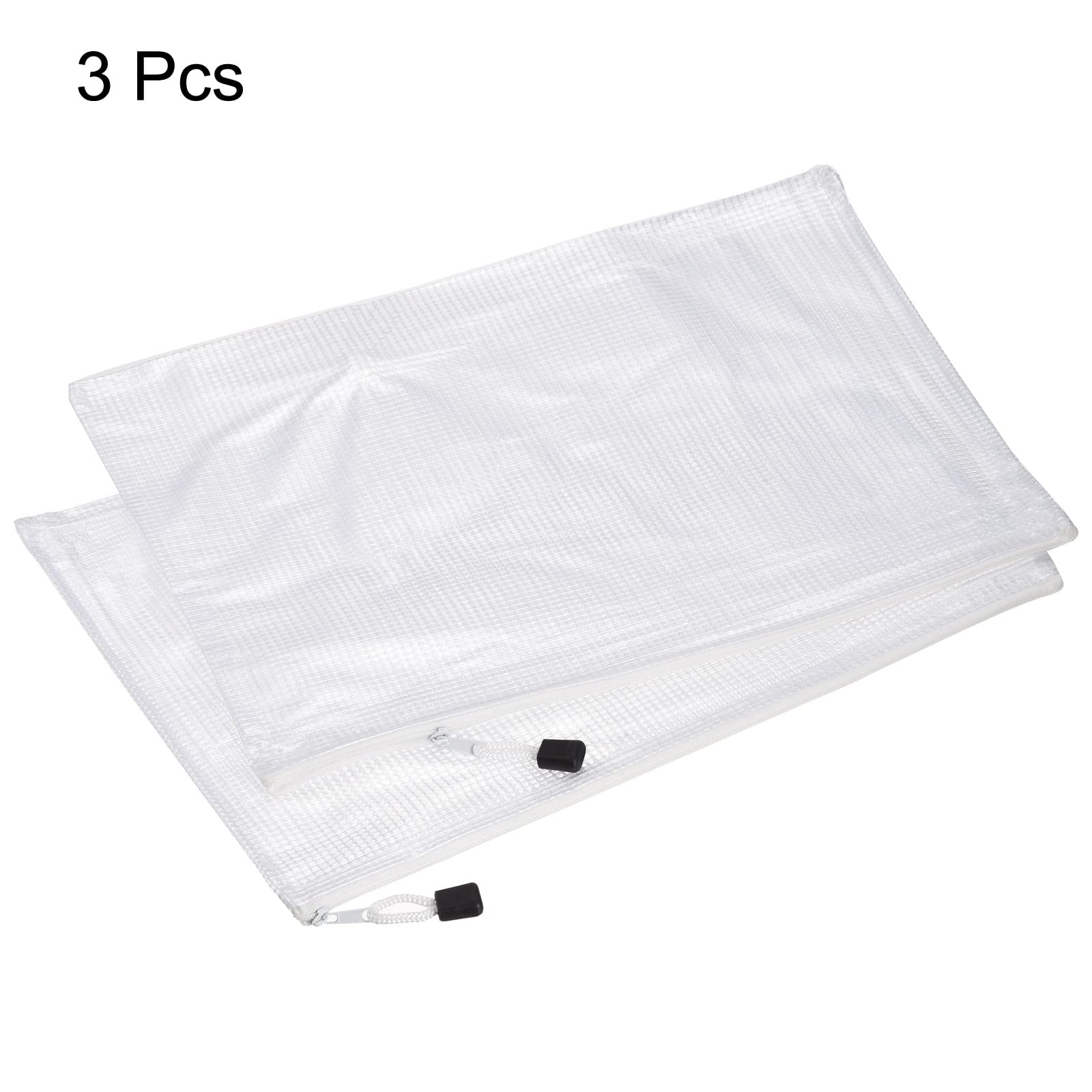 MECCANIXITY A3 Size Mesh Zipper Bags - 3 Pack White Plastic Document Folders with Secure Zipper for Office, School & Travel Organization | Waterproof File Pouches for Papers, Receipts & Important Documents