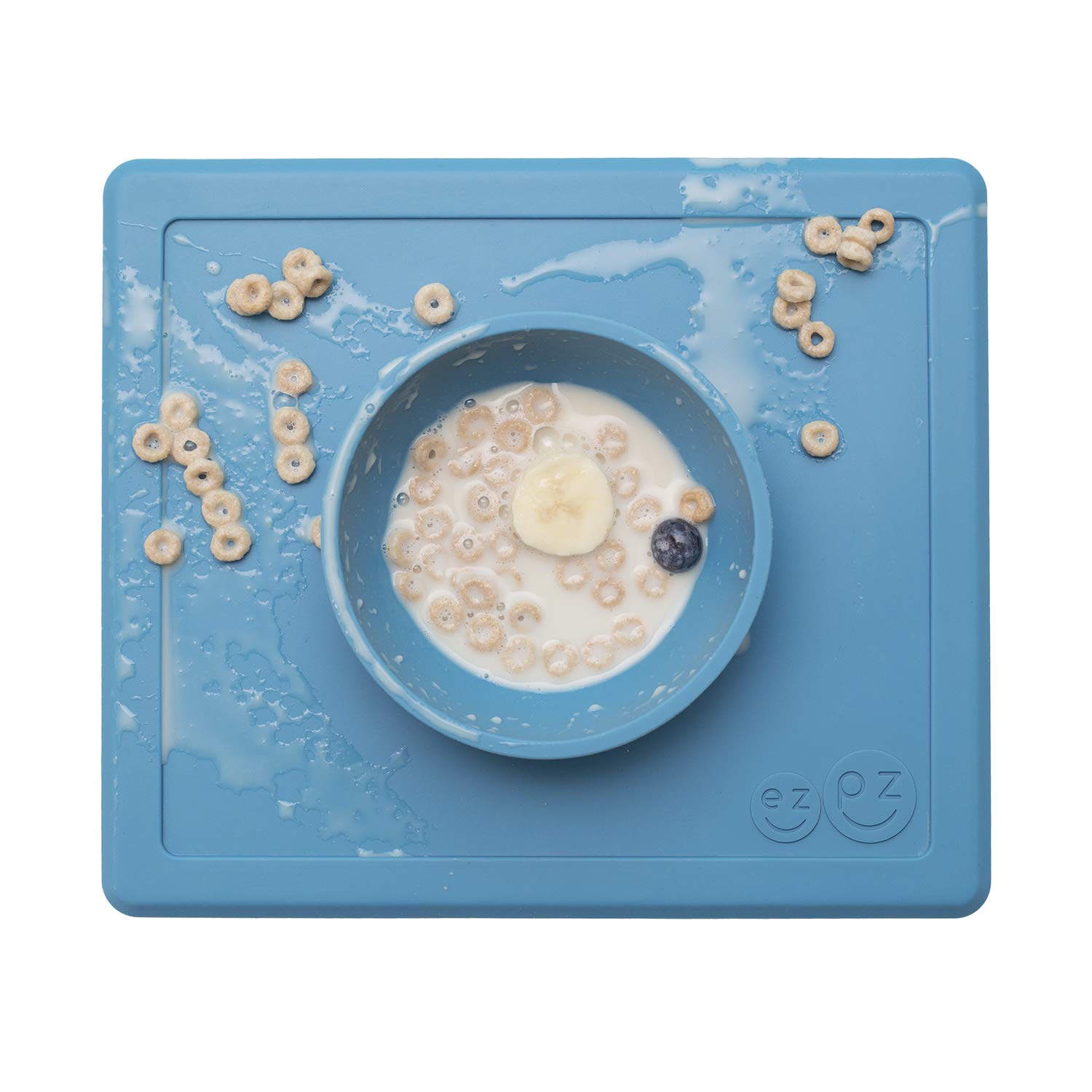 Ezpz Happy Bowl - 100% Silicone Suction Bowl with Built-in Placemat for Toddlers 24 Months+ (Blue) | Dishwasher Safe | Perfect for Mess-Free Mealtime at Home or Travel