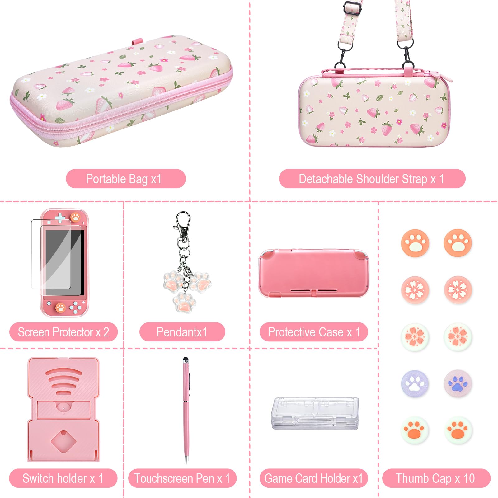 FIWWAT Switch Lite Case - 19-in-1 Protective Bundle for Nintendo Switch Lite with Thumb Grips, Clear Case, Screen Protector, Stand, Stylus & Cute Pendant | Perfect for Travel, Gaming On-The-Go & Girls Who Love Pink Accessories