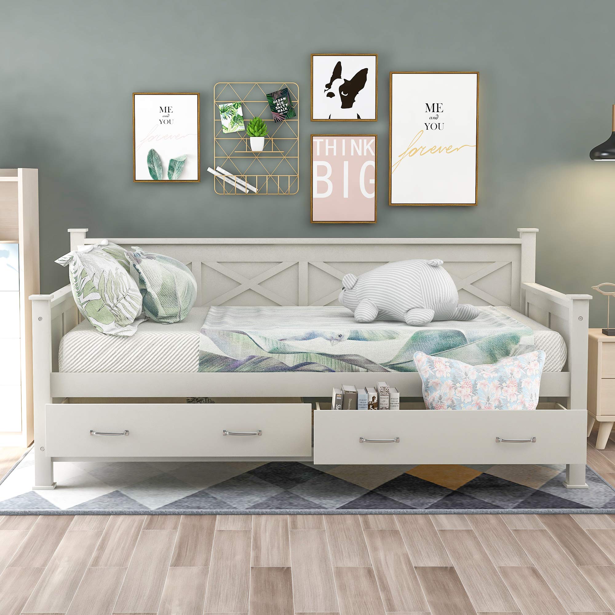 Merax Twin Size Wooden Daybed with 2 Large Drawers - X-Shaped Frame, Modern Rustic Design, Wood Slat Support (No Box Spring Needed) - Easy Assembly White Daybed for Guest Room, Dorm, or Living Room