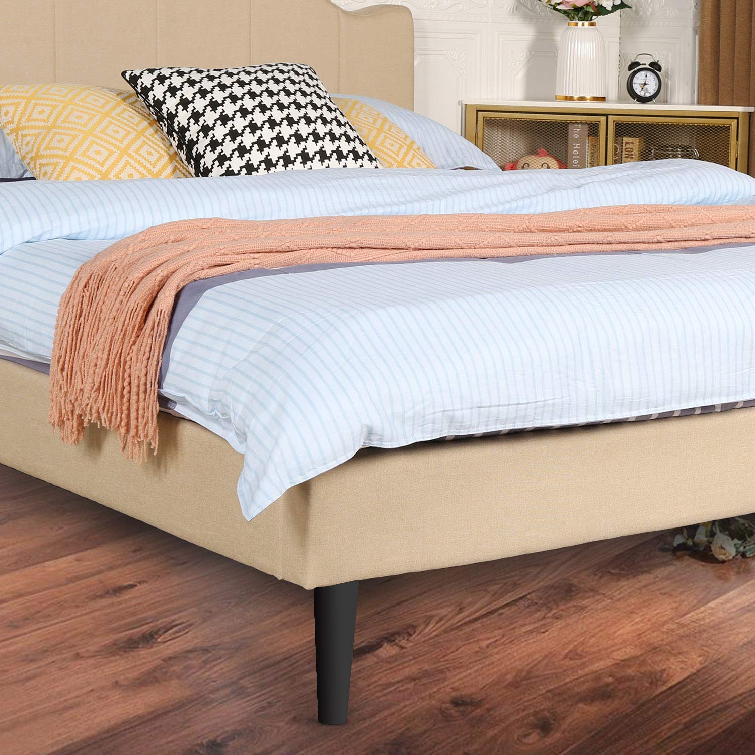 VECELO Full Size Upholstered Platform Bed Frame with Adjustable Headboard - Sturdy Wood Slat Support, No Box Spring Required - Khaki Fabric - Perfect for Modern Bedrooms, Guest Rooms & Small Spaces