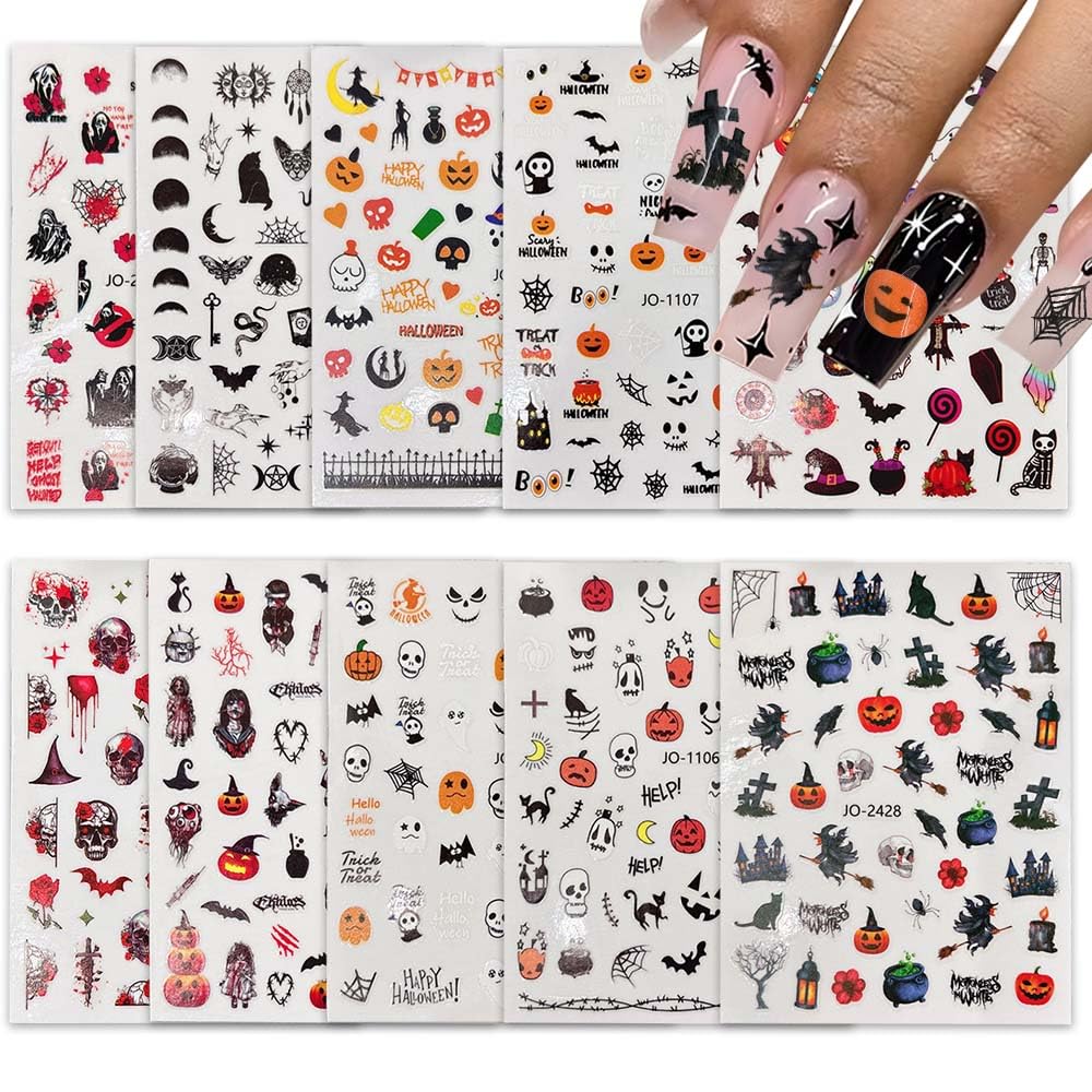 10 Sheets Halloween Nail Stickers - Ghost Pumpkin Skull Eyeball Black Cat 3D Self-Adhesive Nail Art Decals for Nail Supplies & Design | Perfect for Halloween Parties, Costume Nails & Spooky Nail Art