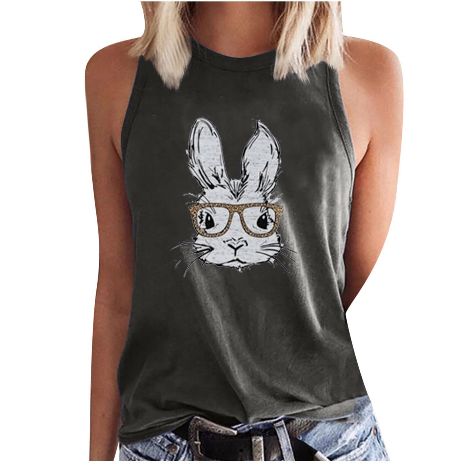 Women's Summer Tank Tops - Cute Bunny Graphic Sleeveless Crewneck Tee with Glasses | Animal Print Casual Vest for Easter, Beach & Outdoor Activities