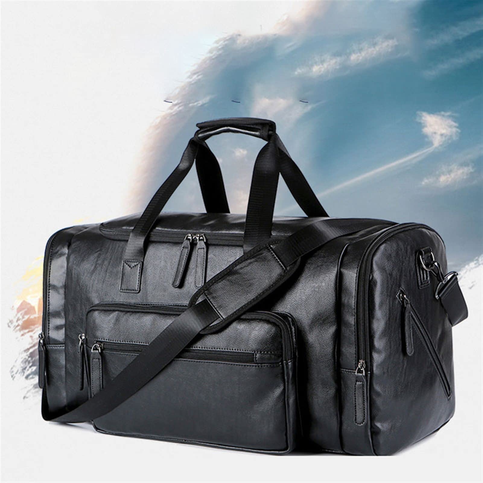 Premium Leather Gym Bag for Men - Waterproof Sports Duffle with Separate Shoe Compartment - Ideal for Fitness, Yoga, Travel & Workout (Black, 55x30x25cm) - Perfect for Gym Sessions, Weekend Getaways & Sports Training