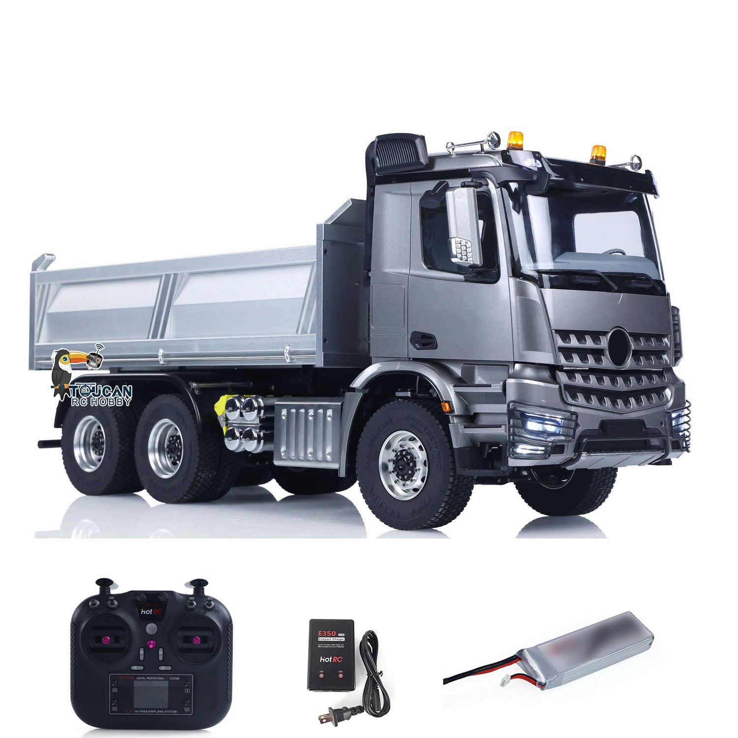 1/14 Scale RC Hydraulic Dumper Truck - 2 Speed Remote Control Tipper Car with Metal Chassis, Light & Sound Effects, No Lock Differential (3348 Model) - Perfect for Construction Site Play, Off-Road Racing and Collector's Display