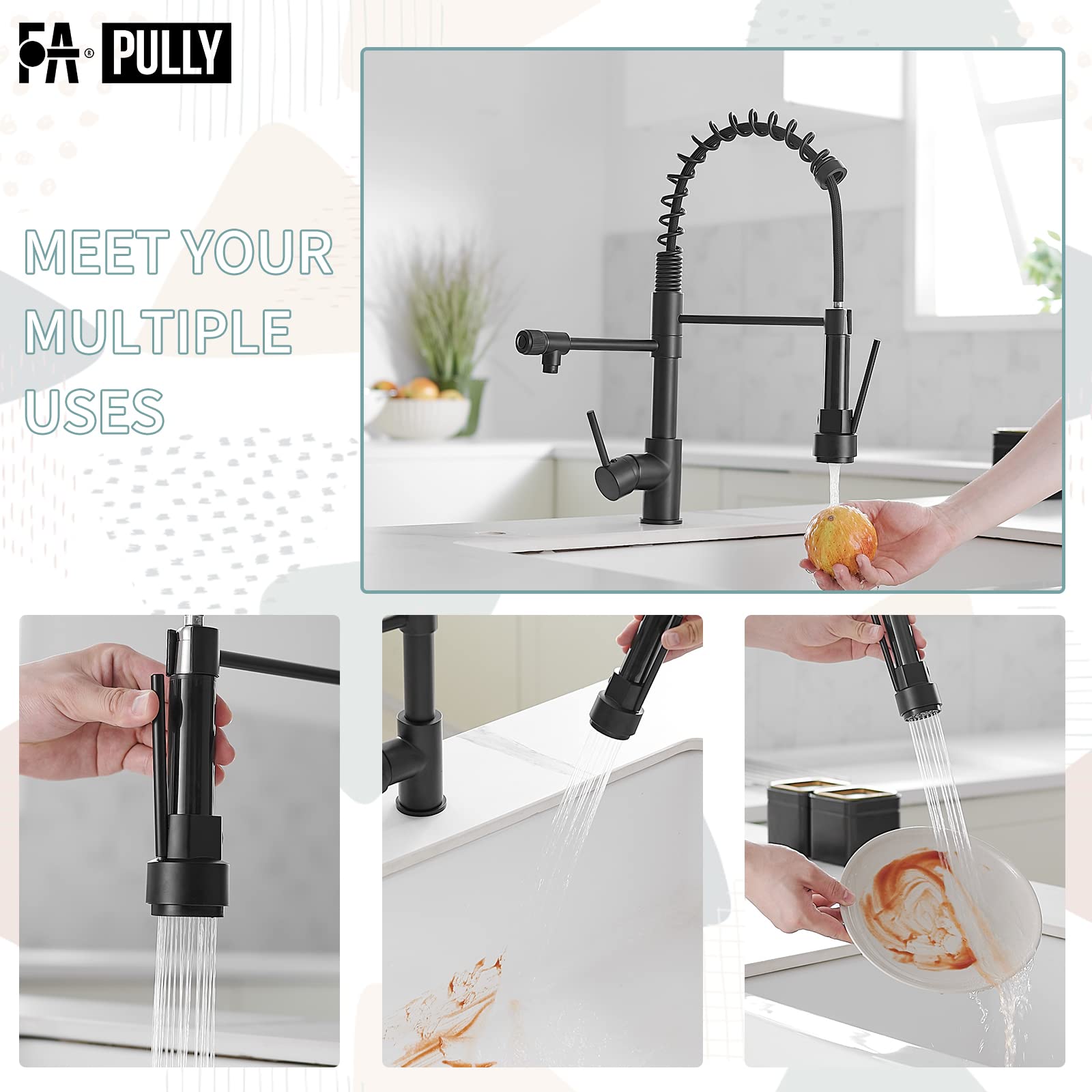 Black 3-Way Kitchen Faucet with Pull-Down Sprayer, Commercial Sink Faucet with Drinking Water Filter & Cold Pot Filler, Ideal for Home Kitchens & Restaurants