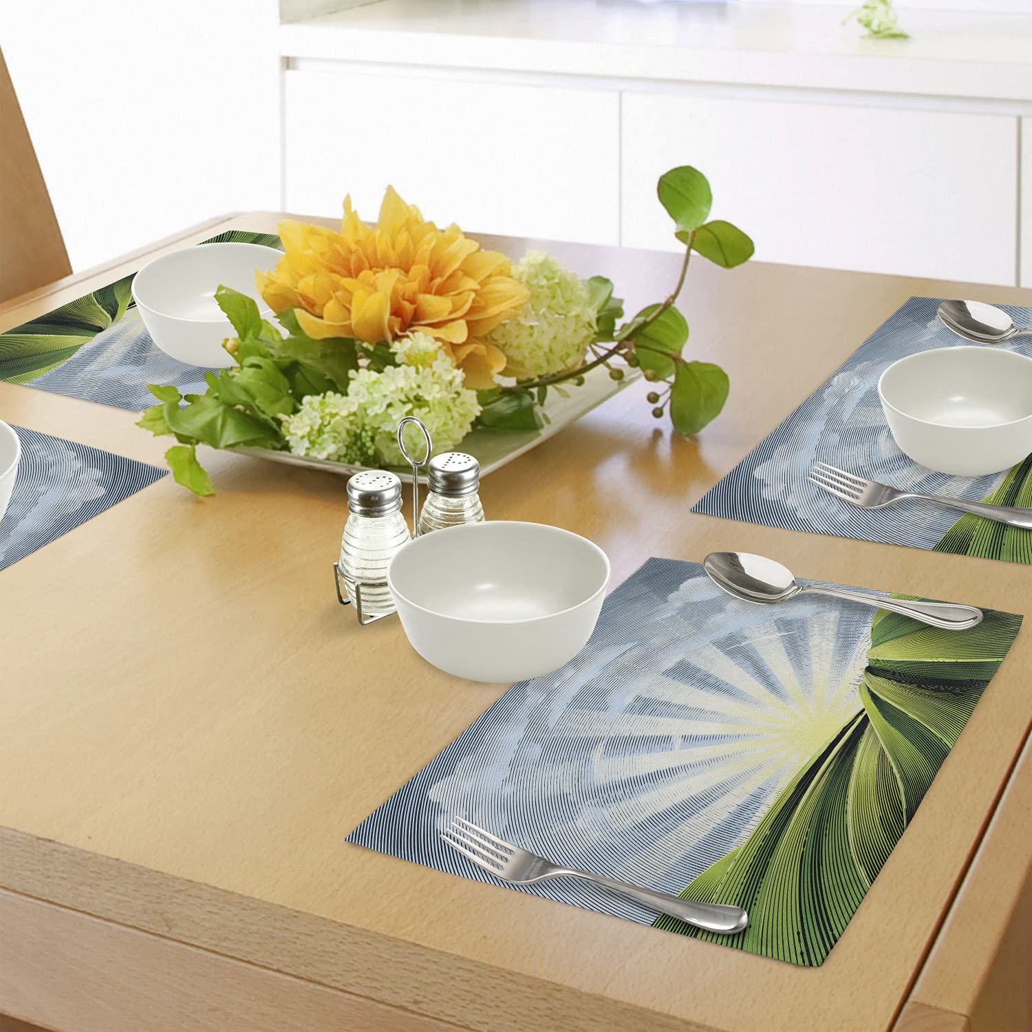Ambesonne Psychedelic Place Mats Set of 4 - Vibrant Rolling Hills Sunrise Village Design - Washable Fabric Table Mats for Dining Room & Kitchen Decor in Green, Blue & Pale Yellow - Perfect for Boho, Farmhouse & Modern Home Decor