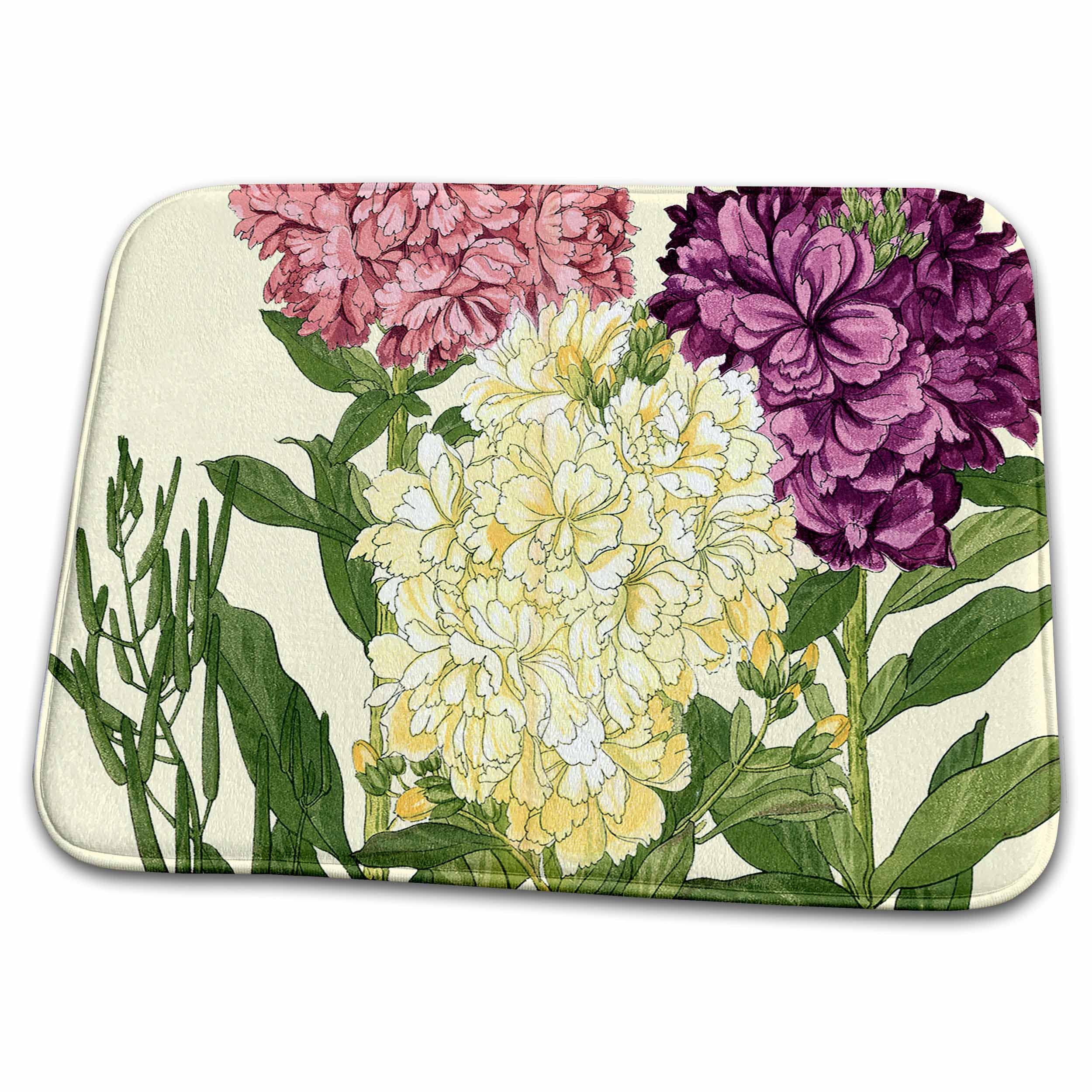 3D Rose Floral Dish Drying Mat - Large Round Clusters of Pink Purple White Flowers - Non-Slip Kitchen Sink Mat for Dishes, Cups & Utensils - Perfect for Modern Farmhouse, Cottagecore & Boho Kitchens