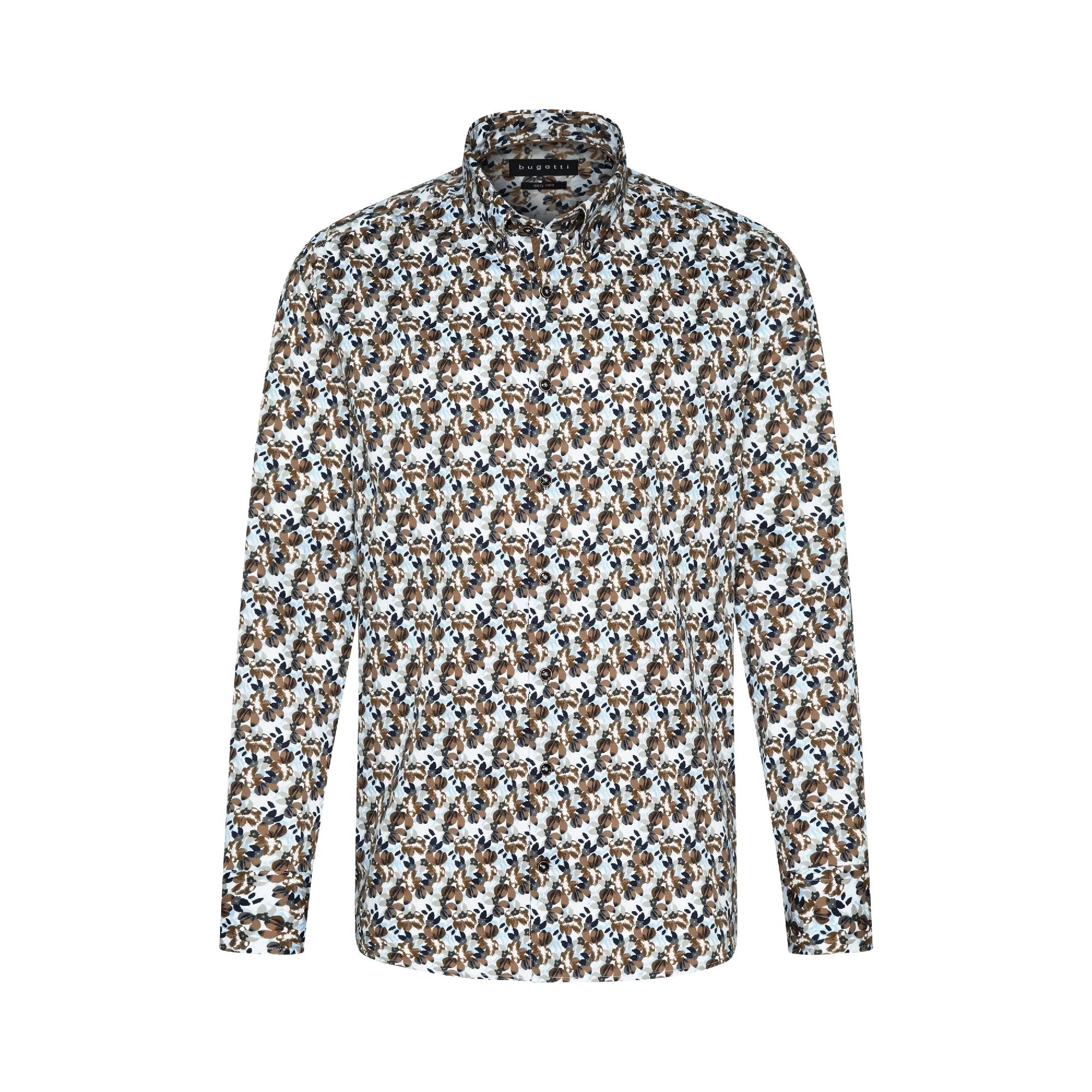 BUGATTI Men's Printed Long Sleeve Casual Shirt - Charcoal/Yellow/Multi Color - Stylish Button Down Shirt for Office, Party & Outdoor Wear