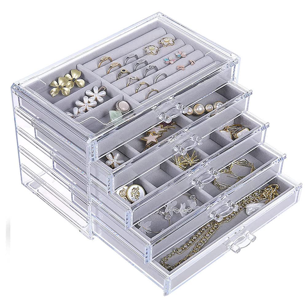 5-Layer Acrylic Jewelry Organizer Box with Flannel Lining - Necklace, Earring & Ring Storage Display Stand - Gray - Perfect for Closet, Vanity & Travel Accessory Organization