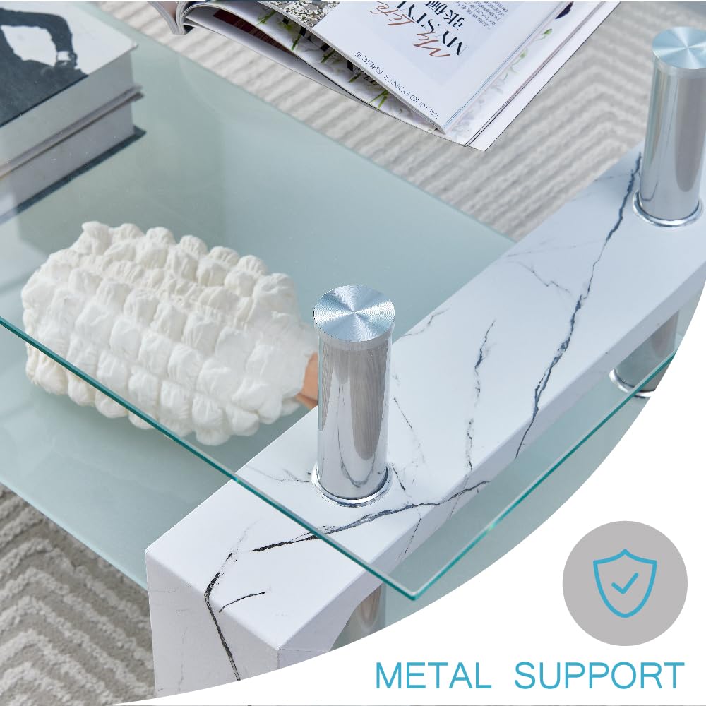 Modern Rectangle Coffee Table with Wooden Legs & Glass Top - Marble Finish Living Room Side Table with Lower Shelf - Perfect for Lounge, Waiting Room & Office Spaces