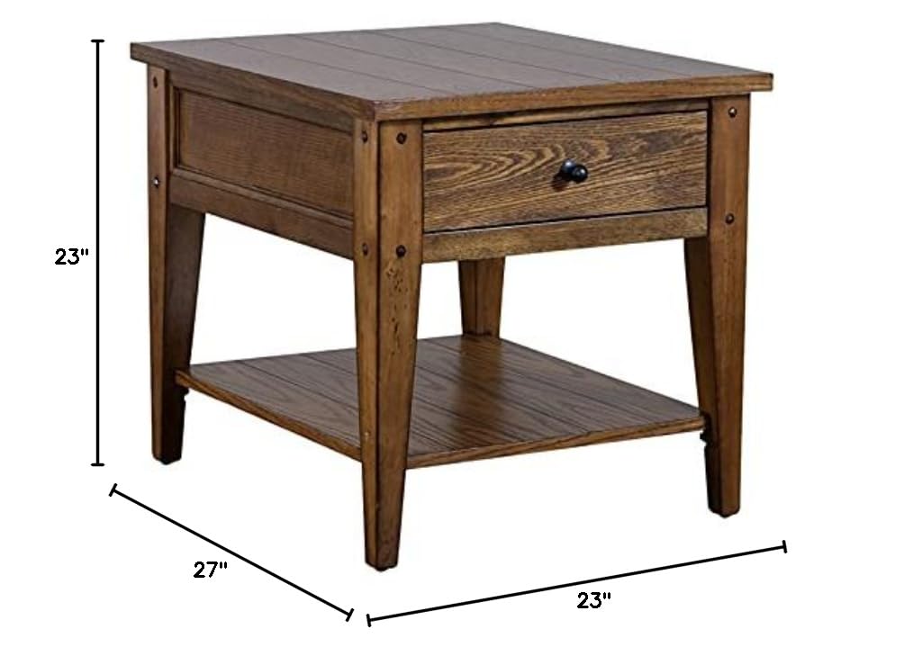 Pemberly Row 1 Drawer Farmhouse End Table - Solid Wood with Brass Accents in Golden Oak Finish | Perfect for Living Room, Bedroom, or Entryway Decor