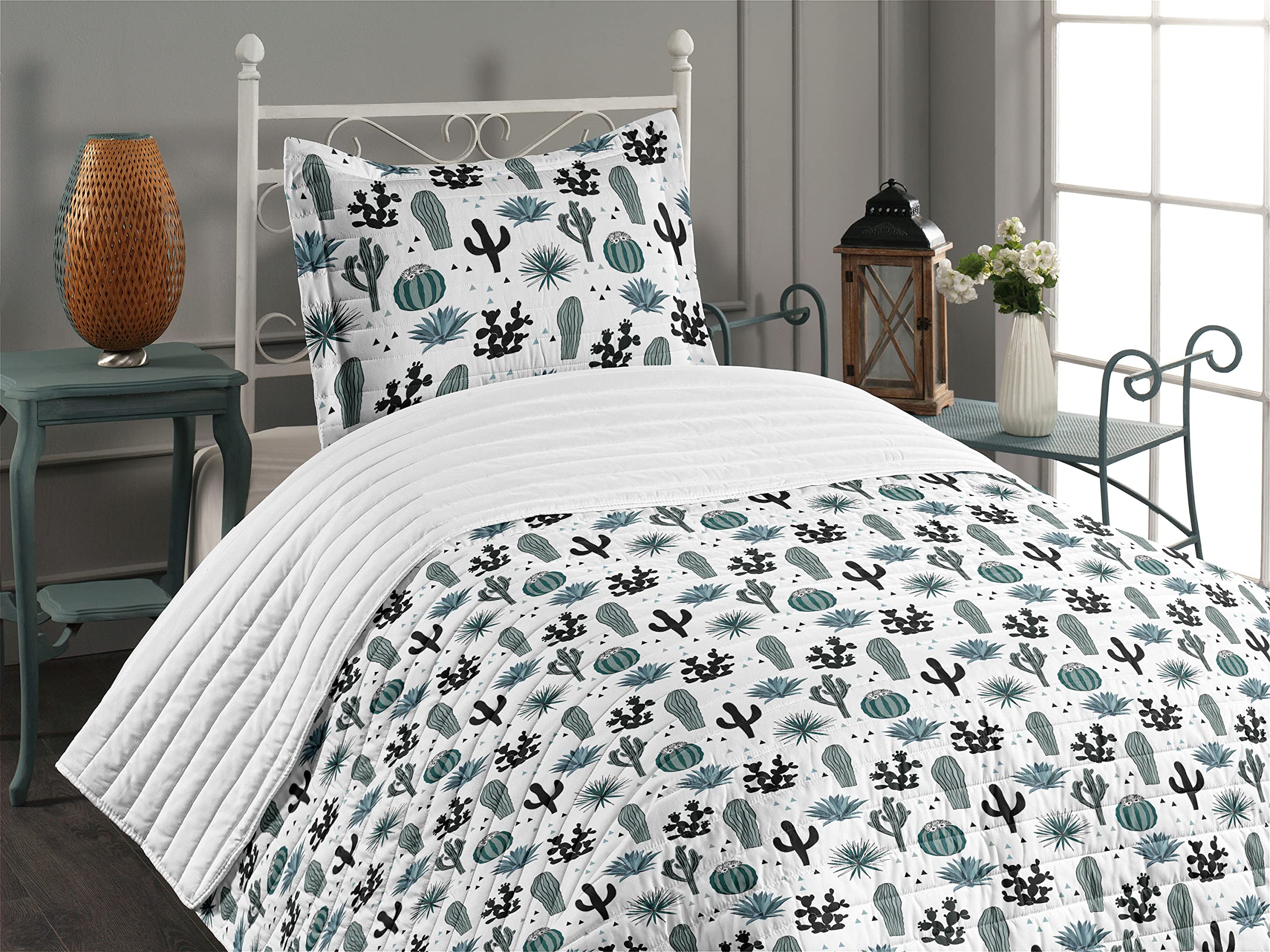 Ambesonne Cactus Microfiber Bedspread Set - Bohemian Scandinavian Style Desert Cacti Design with Pillow Sham & Comforter, Twin Size in White Black Blue Grey | Soft Bedding for Modern Bedroom Decor