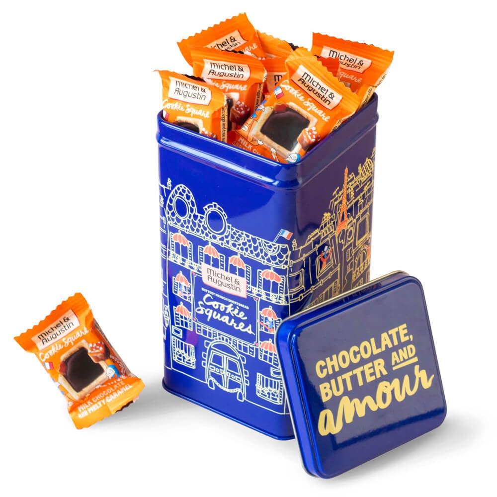 Michel et Augustin Gourmet Cookies Gift Tin - 40 Individually Wrapped Milk Chocolate & Caramel Shortbread Cookies | Perfect for Holiday Gifts, Office Snacks & Party Desserts