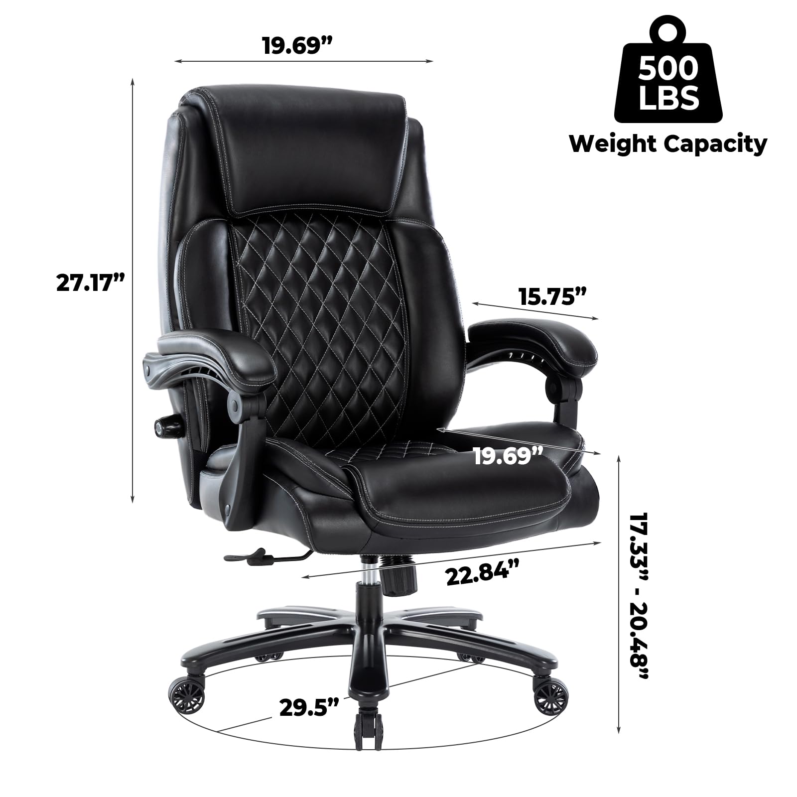 Premium Big and Tall Office Chair 500LBS Capacity - Heavy Duty Executive Leather Chair with Wide Seat & Lumbar Support - Ergonomic Computer Desk Chair for Home Office (Black) - Perfect for Large Professionals, Gamers & Long Work Sessions