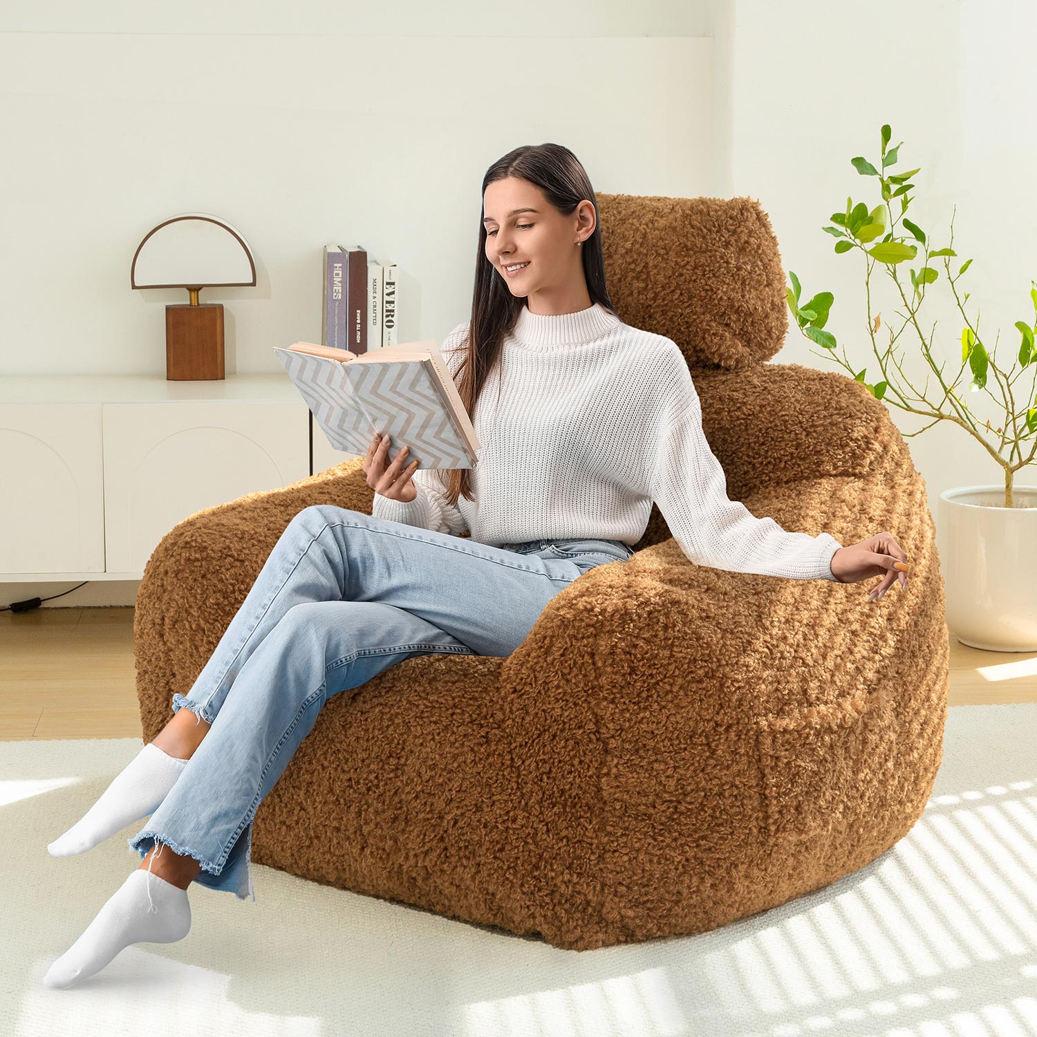 MAXYOYO Large Wool Bean Bag Chair with Pillow - Ultra Comfortable Lounge Chair for Adults, Perfect for Reading, Gaming & Relaxing in Living Room, Bedroom or Dorm