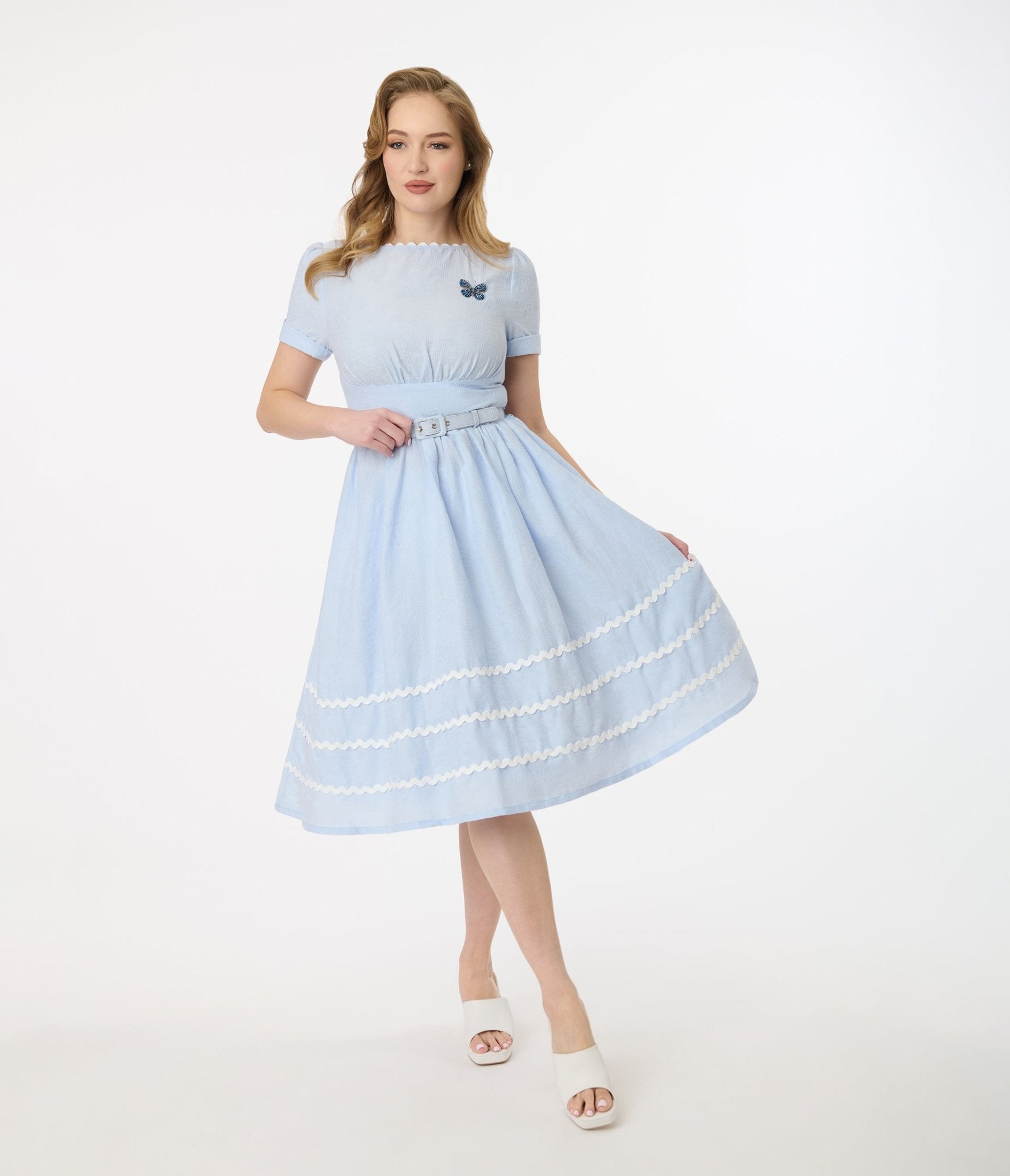 Vintage 1950s Light Blue Cotton Swing Dress - Retro A-Line Tea Length Dress for Women - Perfect for Parties, Weddings & Pinup Style Fashion