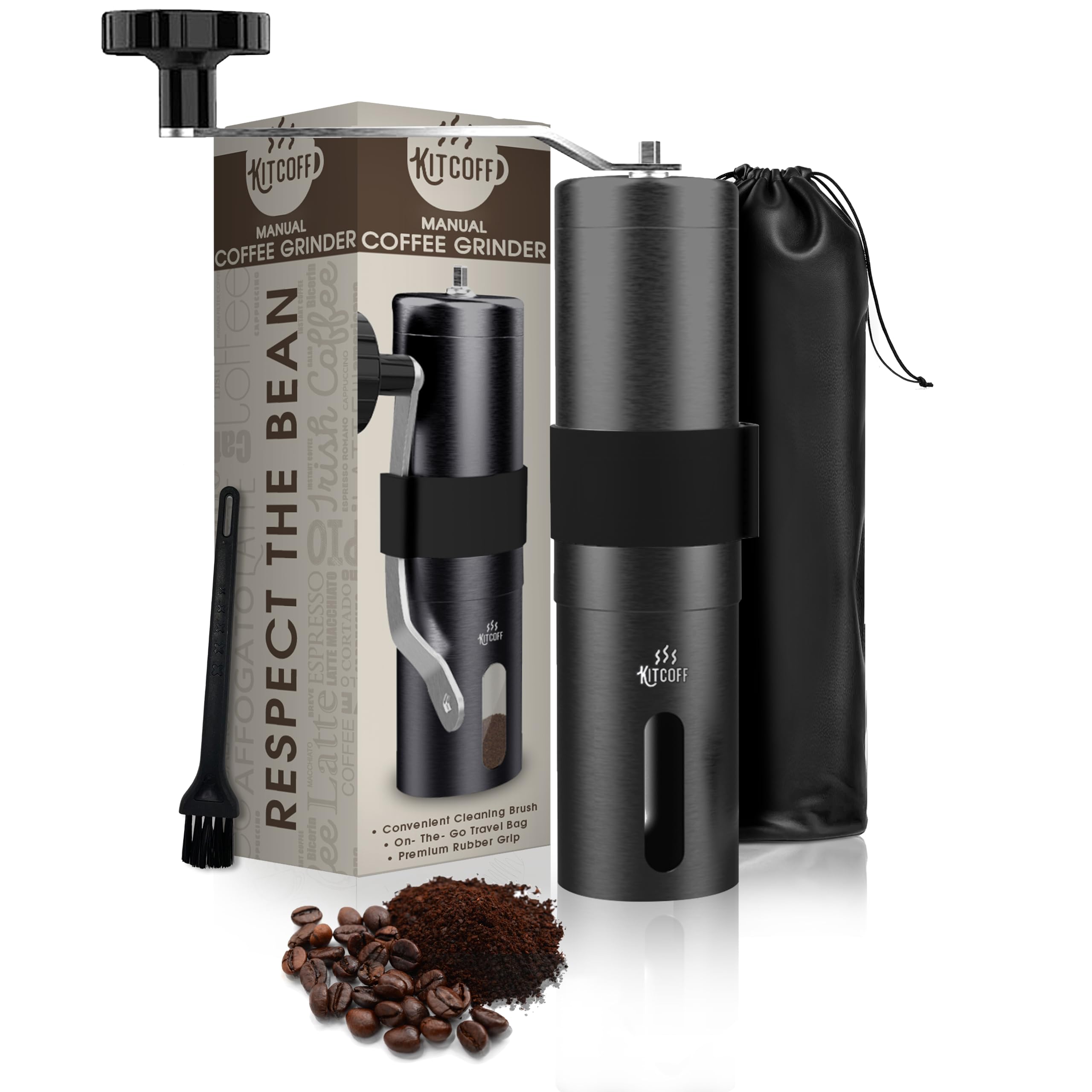 Premium Manual Coffee Grinder - Adjustable 18-Click Stainless Steel Hand Mill with Ceramic Burrs | Ergonomic Grip & Removable Crank | Includes Cleaning Brush & Travel Pouch for Fresh Ground Coffee at Home, Camping or Office Use