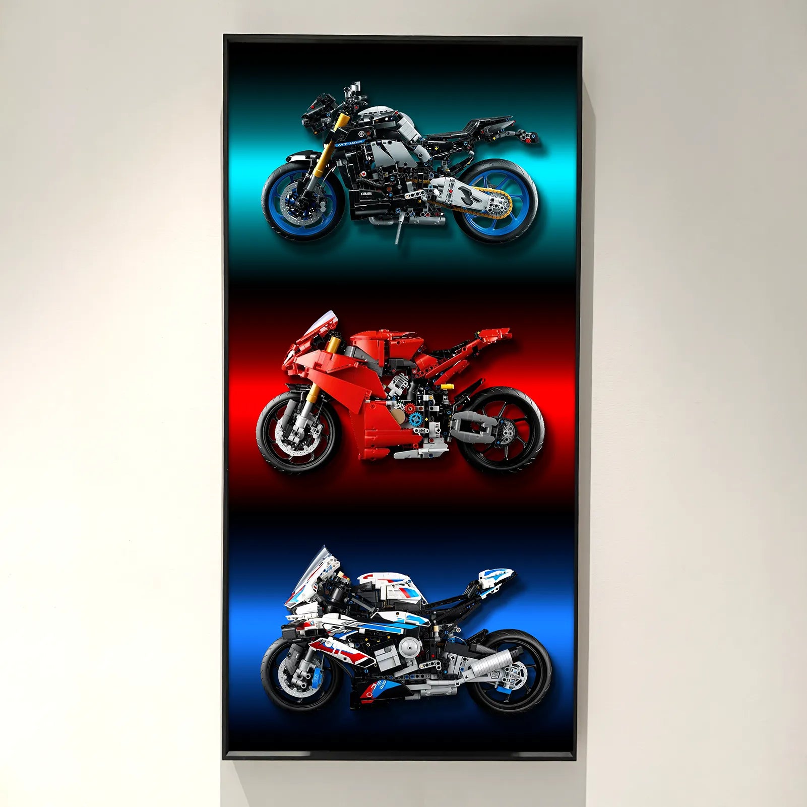 LEGO Motorcycle Display Stand for Yamaha 42159, Ducati 42202 & BMW 42130 - Wall Mount Frame for LEGO Technic Motorcycle Sets - Perfect for Showcasing Collections in Bedroom, Office or Game Room