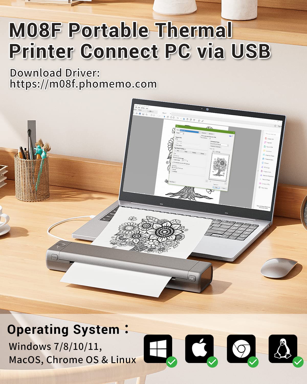 Phomemo Wireless Thermal Printer - Portable Inkless Printer for Travel & Office, Bluetooth Compatible with iPhone, Android & Laptop, Supports 8.5