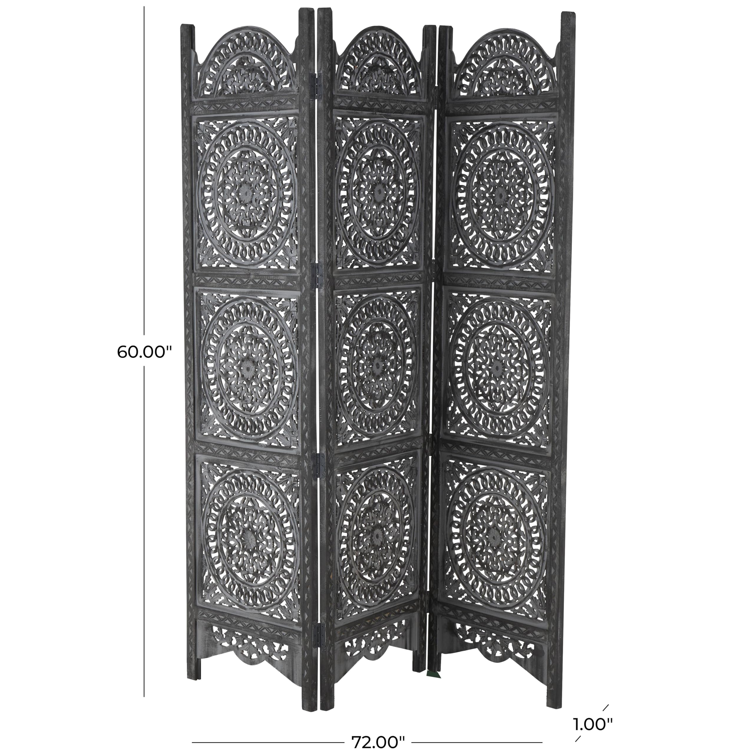 Handmade Wooden Floral Room Divider Screen - 3-Panel Foldable Privacy Partition with Intricate Carvings, 60