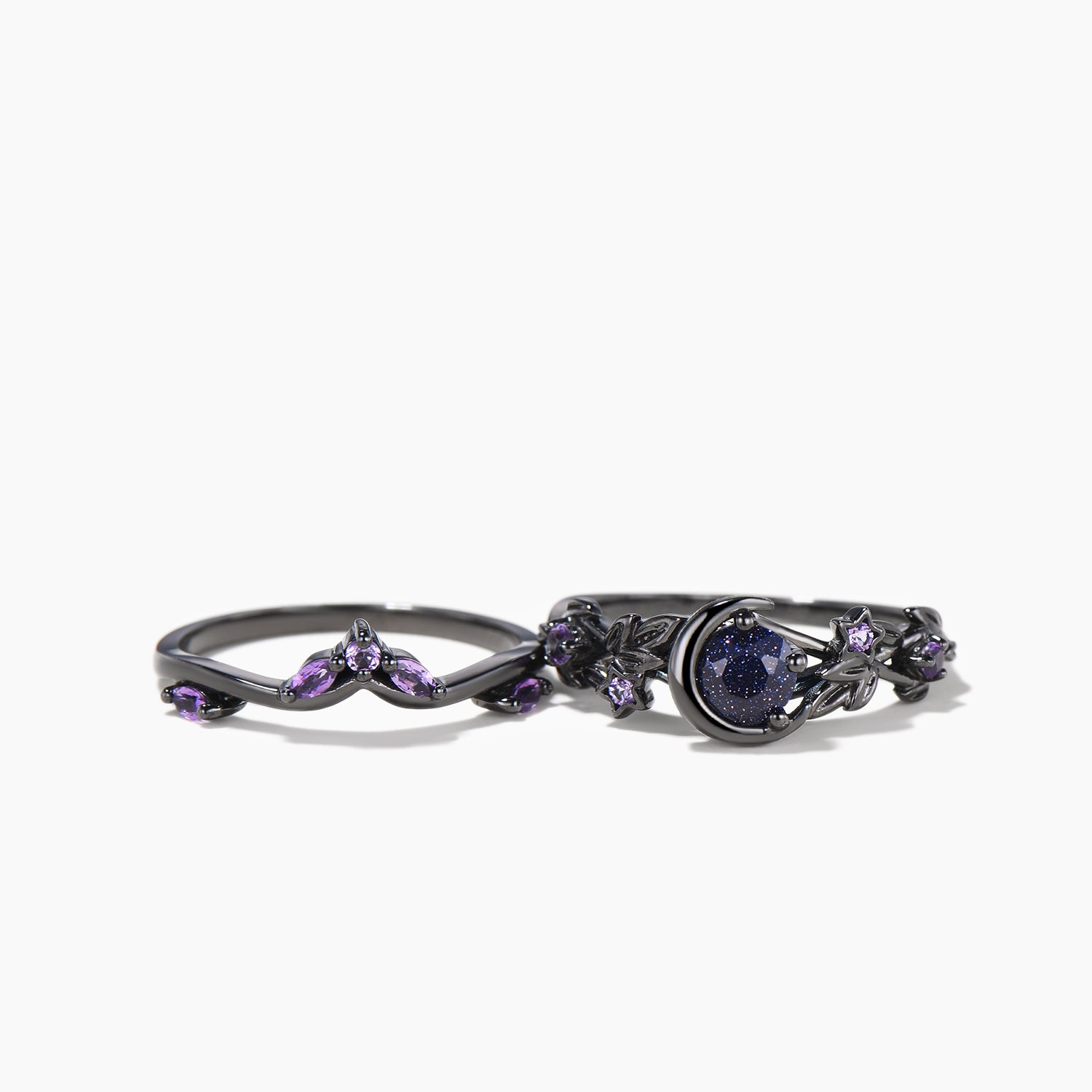 Round Blue Sandstone Moon Wedding Ring Set with Amethyst & Black Gold Leaf - Elegant Bridal Jewelry for Engagement, Anniversary & Romantic Occasions