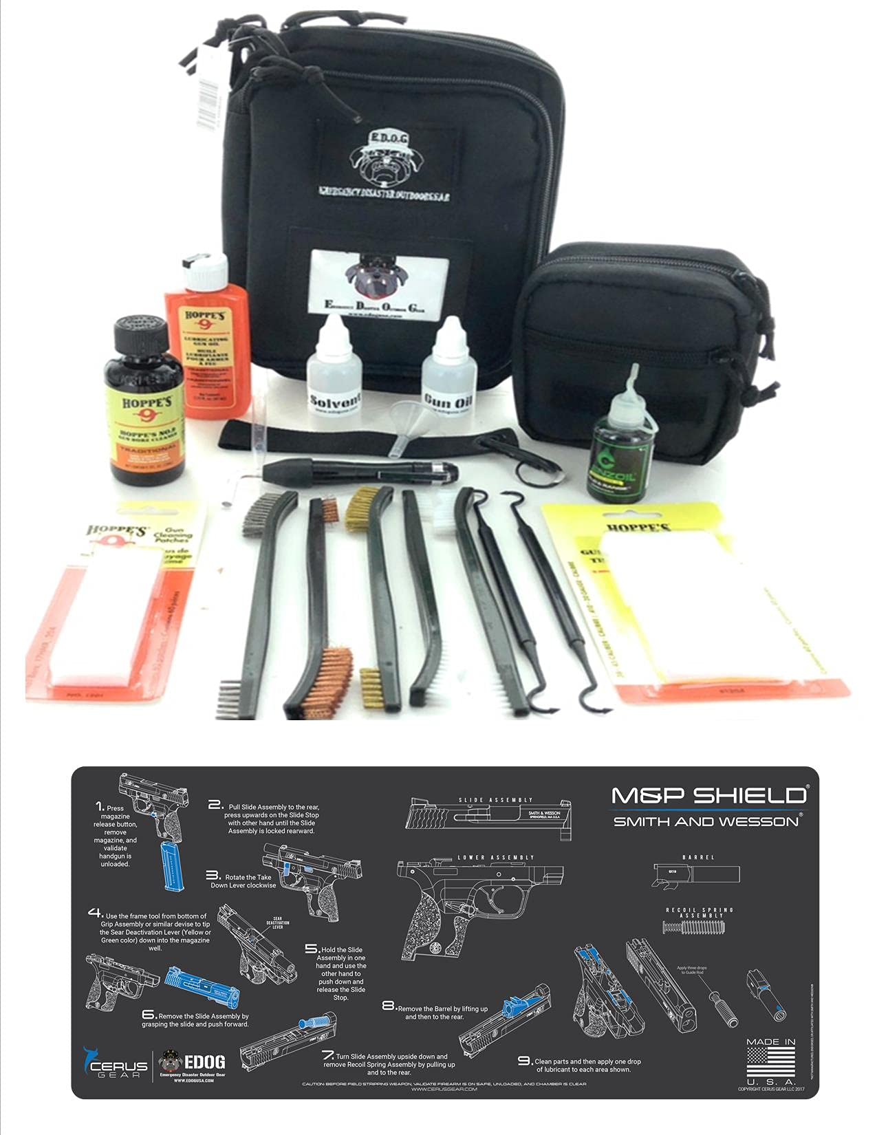 RangeMaster Elite EDC Bag Gun Cleaning Kit for S&W M&P Shield - Complete 10-Piece Set with Hoppes No.9 Solvent, Patches & Clenzoil CLP - Includes Step-by-Step Cleaning Mat - Perfect for Range Days, Hunting Trips & Firearm Maintenance