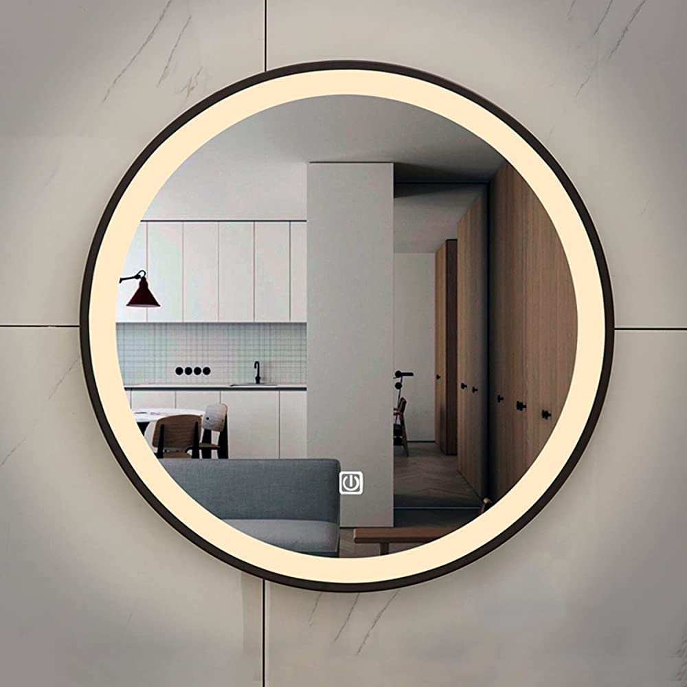 Round LED Bathroom Mirror with Metal Frame - 50cm HD Wall Mounted Makeup Vanity Mirror (Black Frame, Warm Light) for Modern Bathrooms & Dressing Rooms