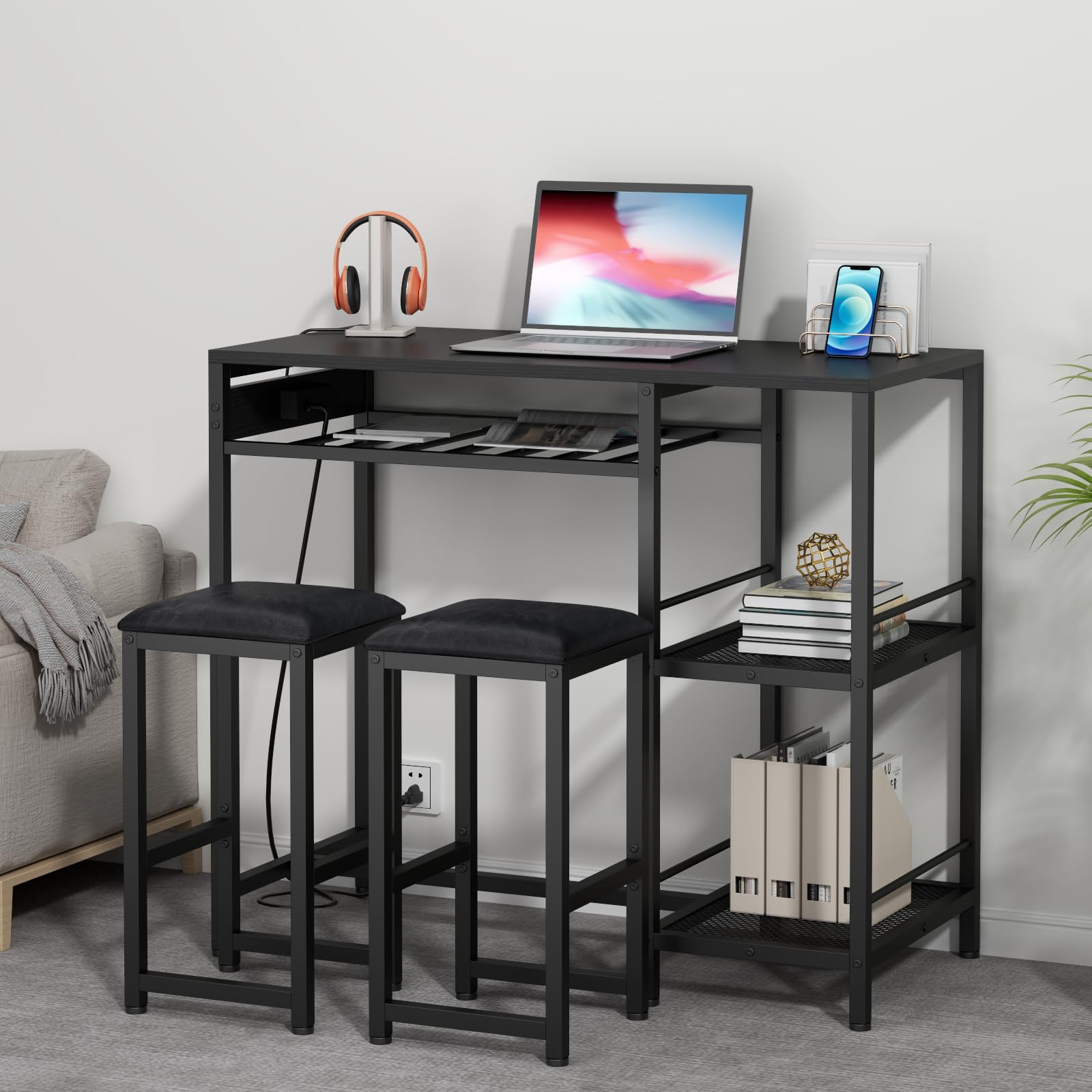Modern Black Bar Table and Chairs Set with Power Outlet, 3-Piece Pub Table Set with 2 Storage Shelves, Wine Rack & Glass Holder - Perfect for Living Room, Dining Room, Small Apartment, and Outdoor Patio