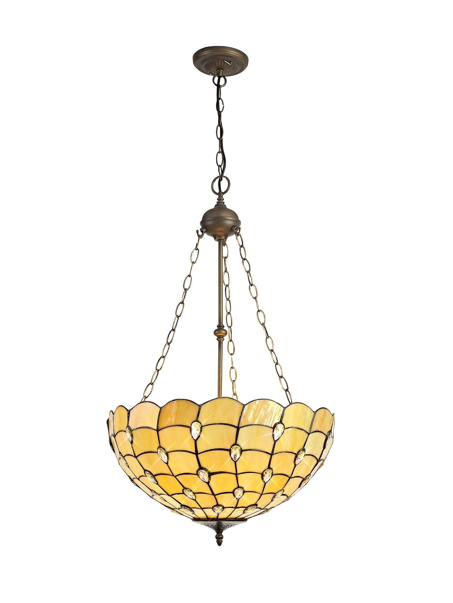 Aero 2 Light Uplighter Pendant with 30cm Tiffany Shade - E27 Socket, Beige/Clear Crystal/Aged Antique Brass Finish - Perfect for Dining Room, Bedroom, or Living Room Lighting